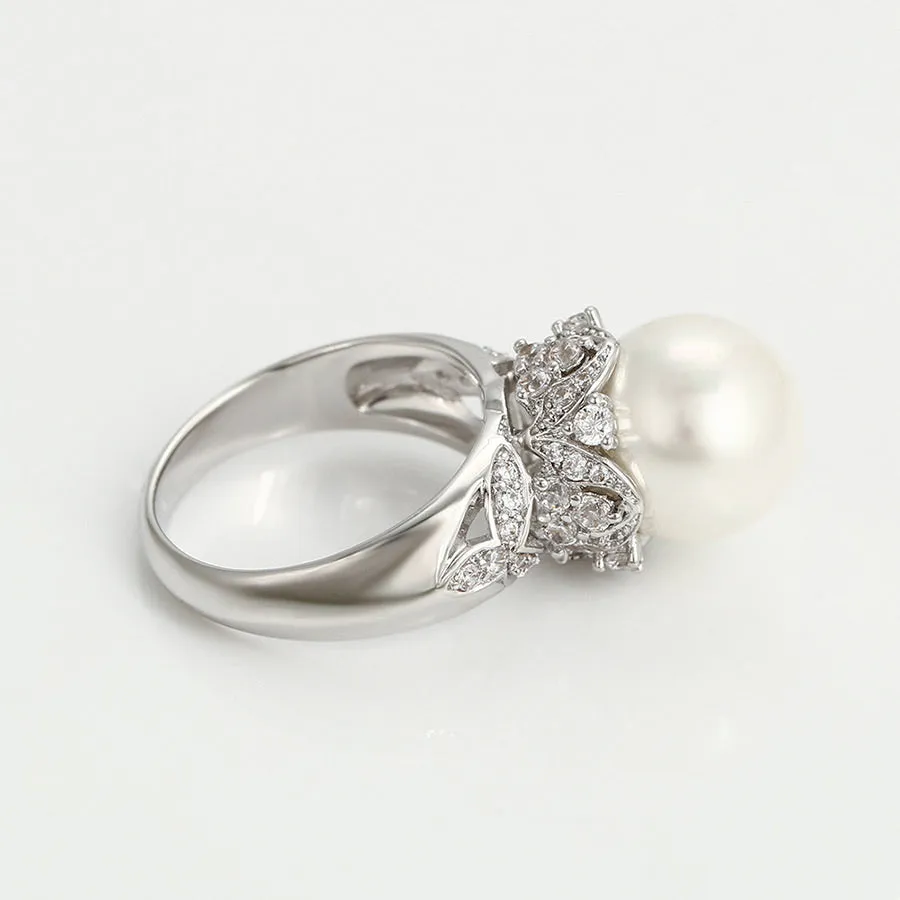 Elegant Pearl & CZ Diamond Rhodium plated Ring