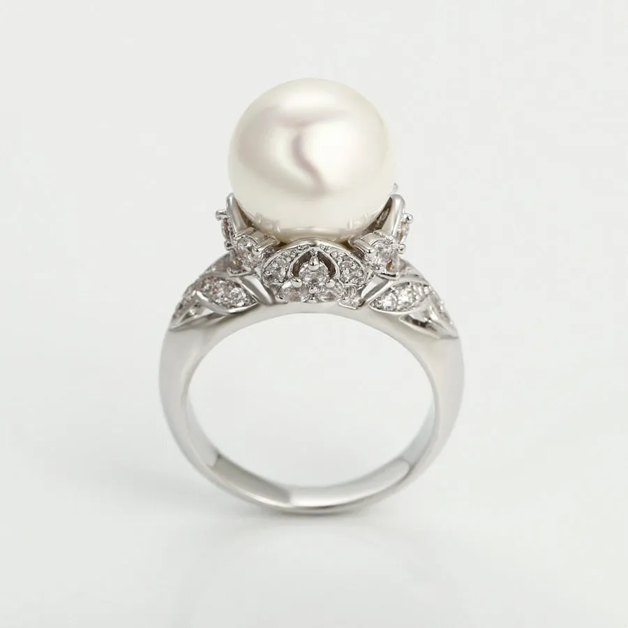 Elegant Pearl & CZ Diamond Rhodium plated Ring