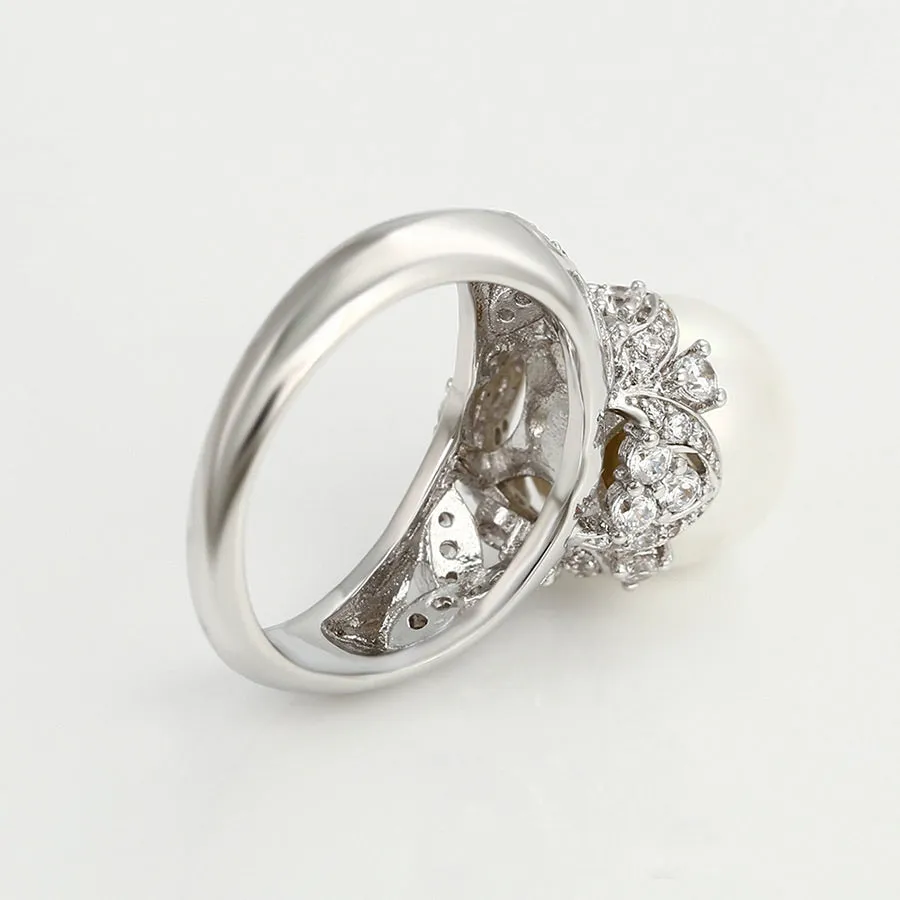 Elegant Pearl & CZ Diamond Rhodium plated Ring