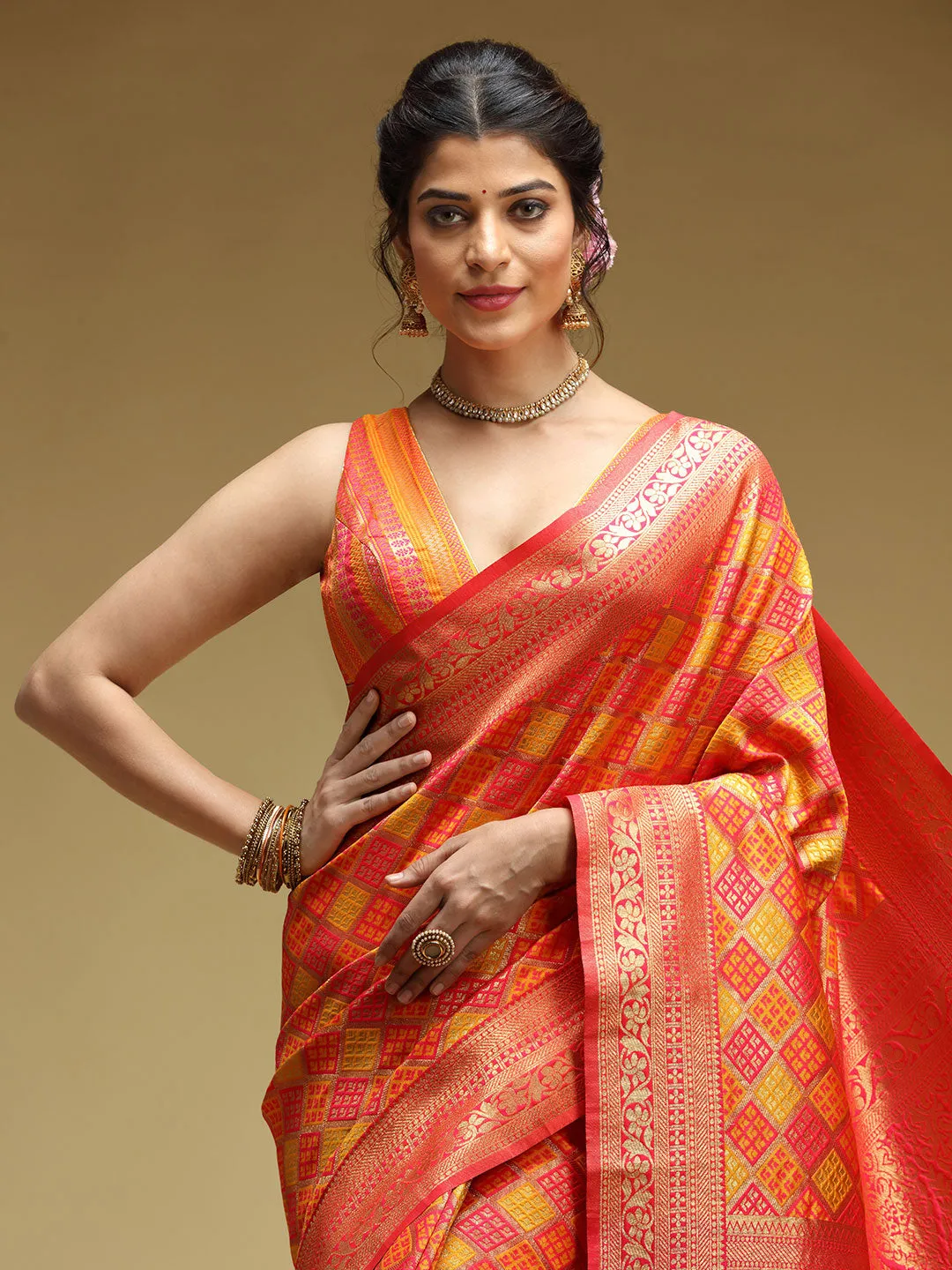 Elegant Solid Multi-Color Upada Saree With Checks Designs