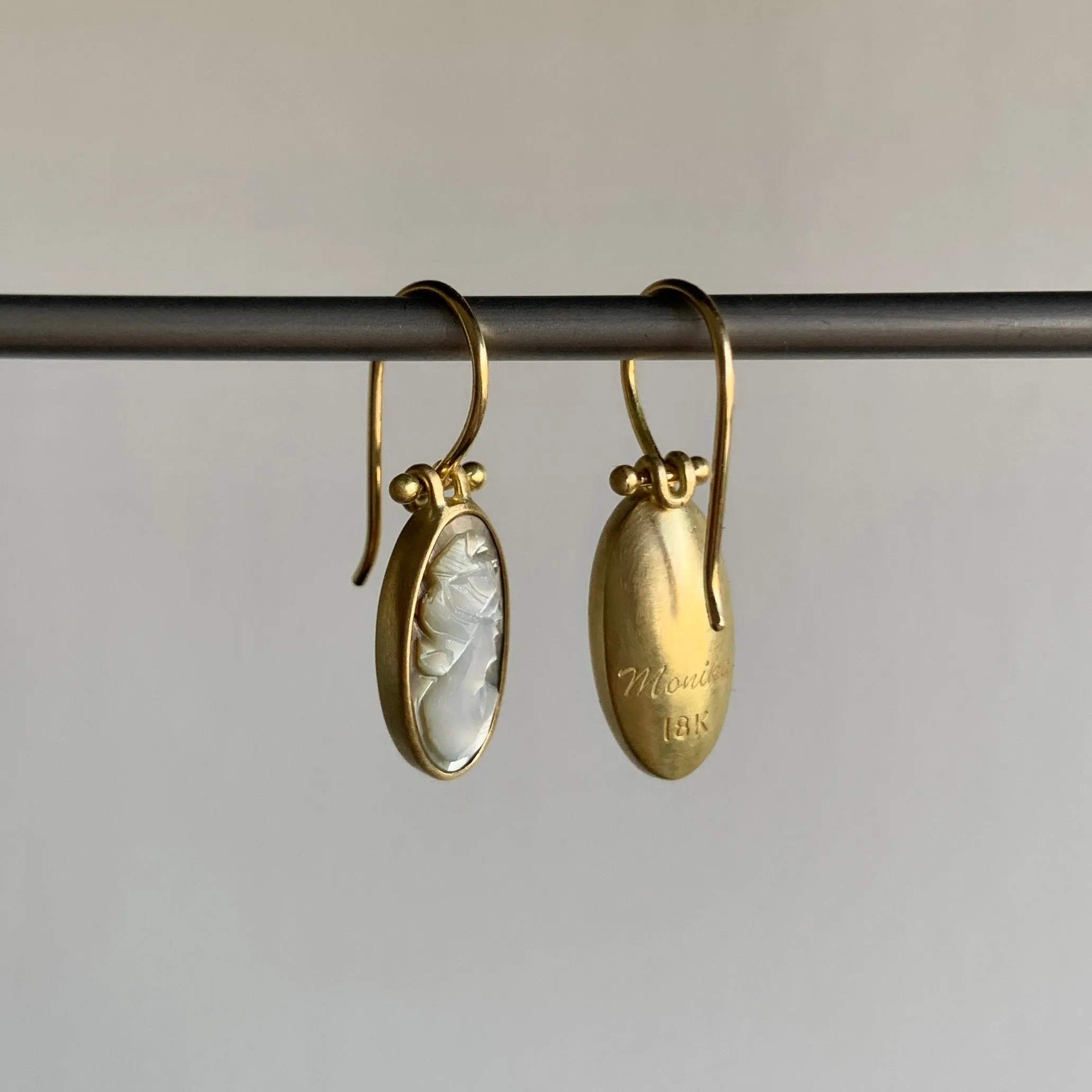 Elongated Oval Mother of Pearl Cameo Earrings