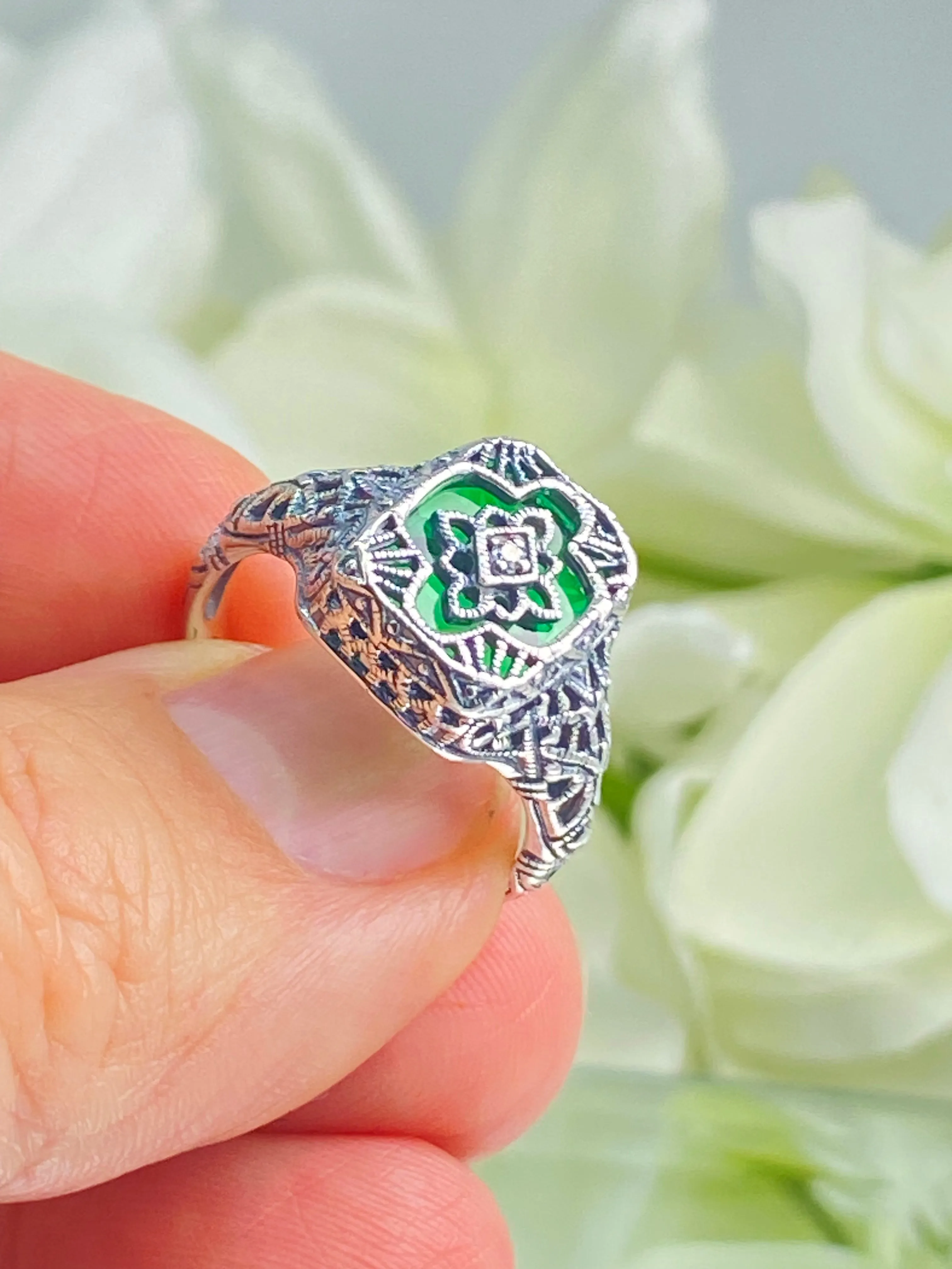 Emerald Glass Ring, Size 7, Moissanite Inset Gem, Art Deco Filigree Jewelry, #D204 - Ready to Ship