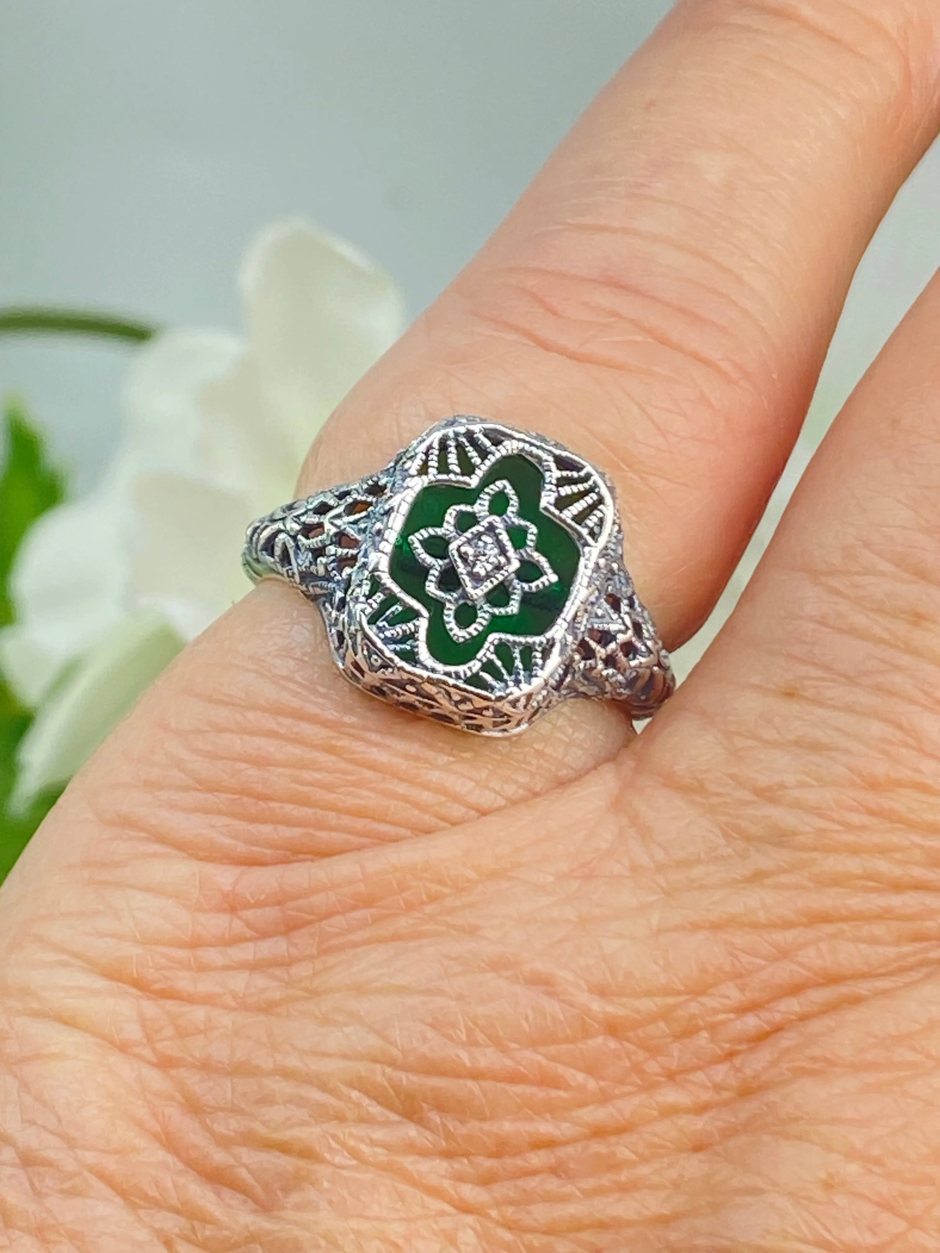 Emerald Glass Ring, Size 7, Moissanite Inset Gem, Art Deco Filigree Jewelry, #D204 - Ready to Ship