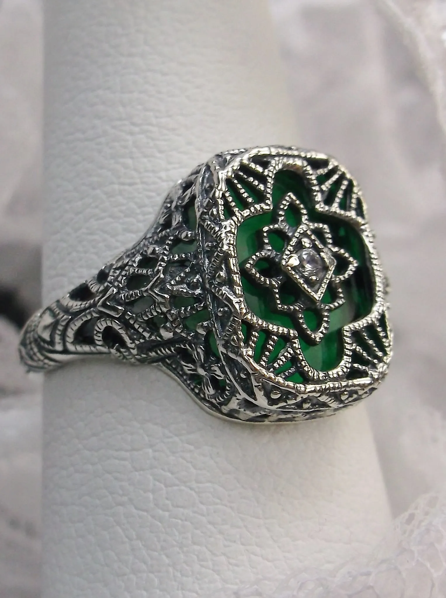 Emerald Glass Ring, Size 7, Moissanite Inset Gem, Art Deco Filigree Jewelry, #D204 - Ready to Ship