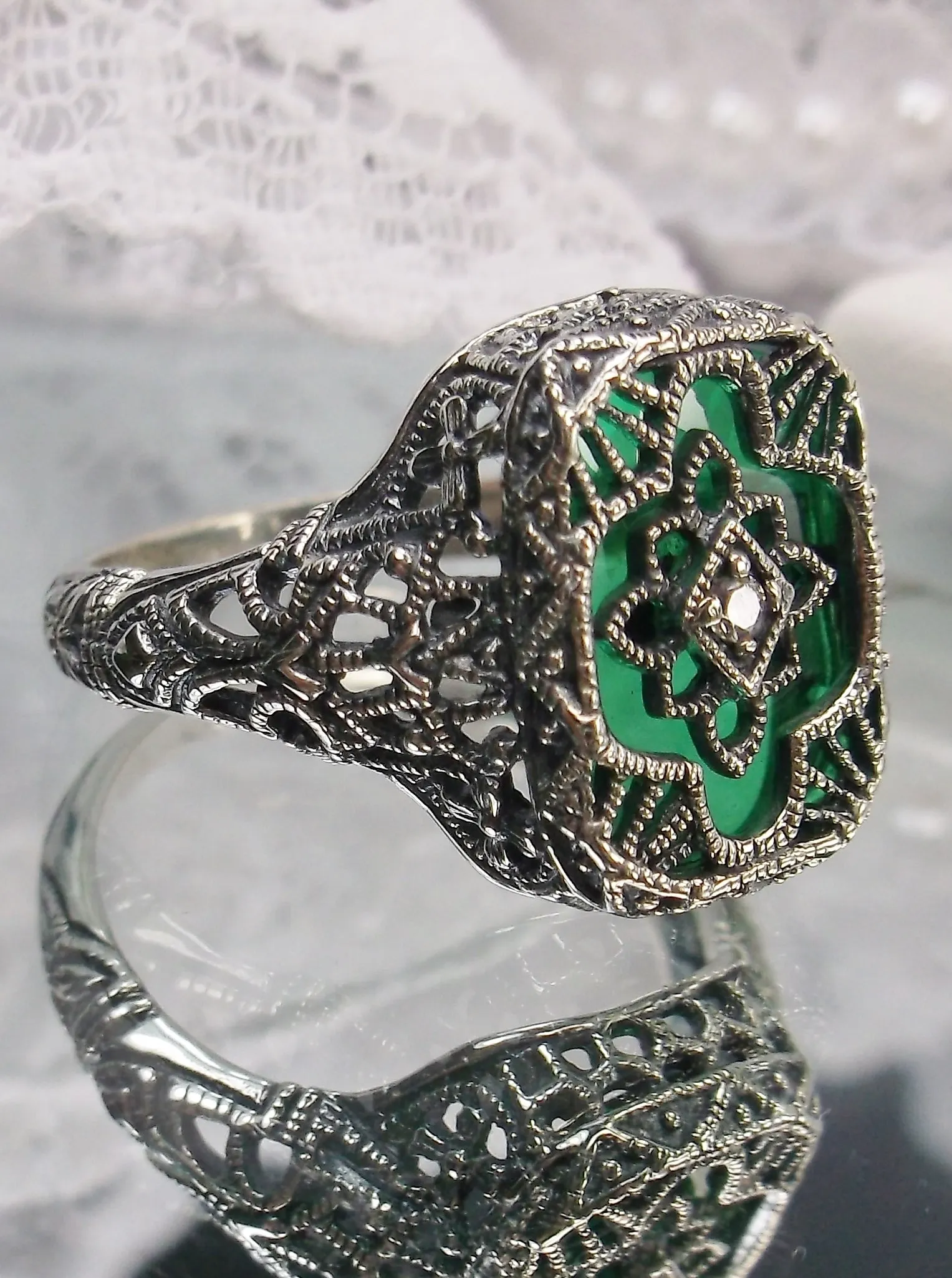 Emerald Glass Ring, Size 7, Moissanite Inset Gem, Art Deco Filigree Jewelry, #D204 - Ready to Ship