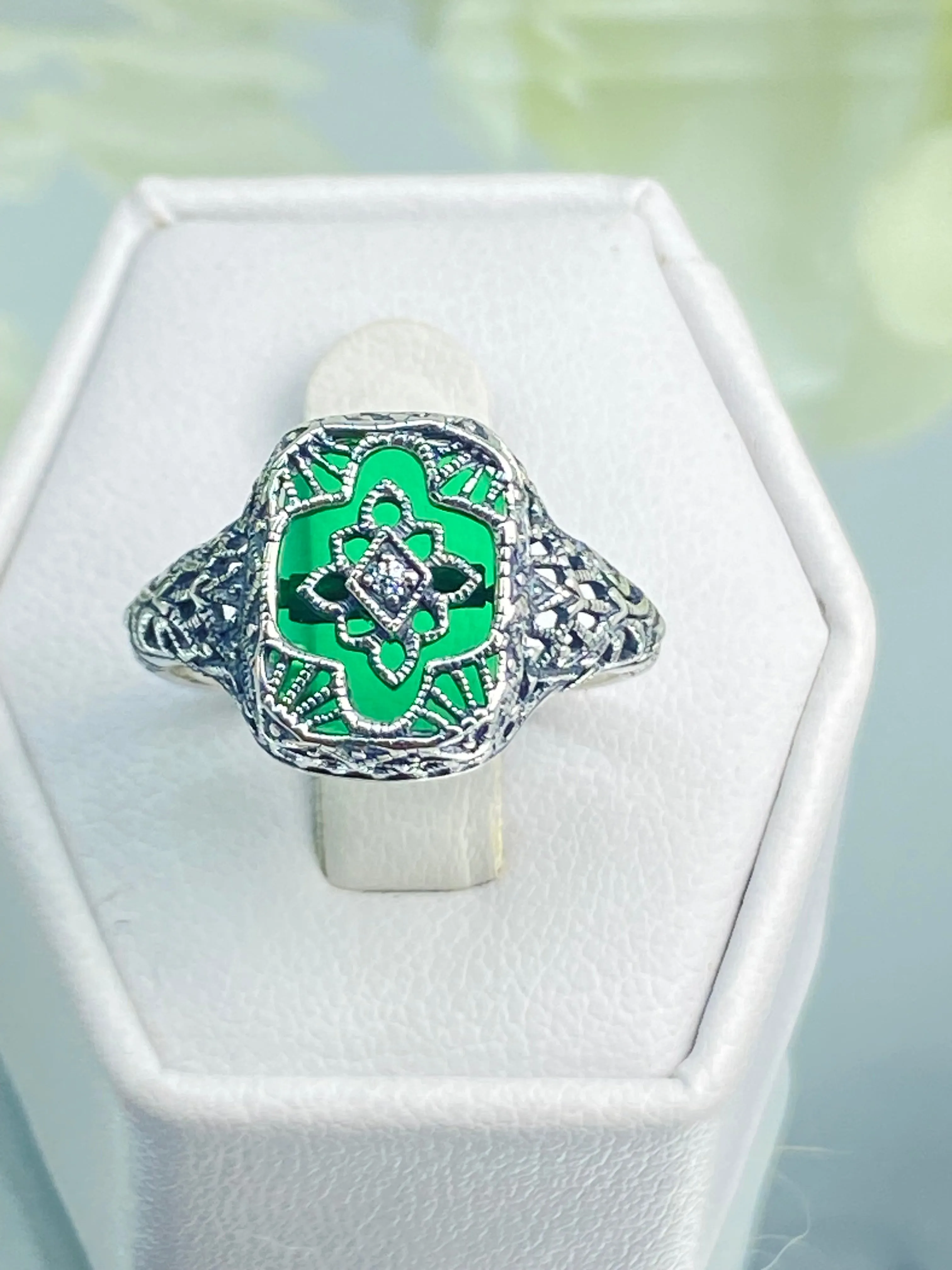 Emerald Glass Ring, Size 7, Moissanite Inset Gem, Art Deco Filigree Jewelry, #D204 - Ready to Ship
