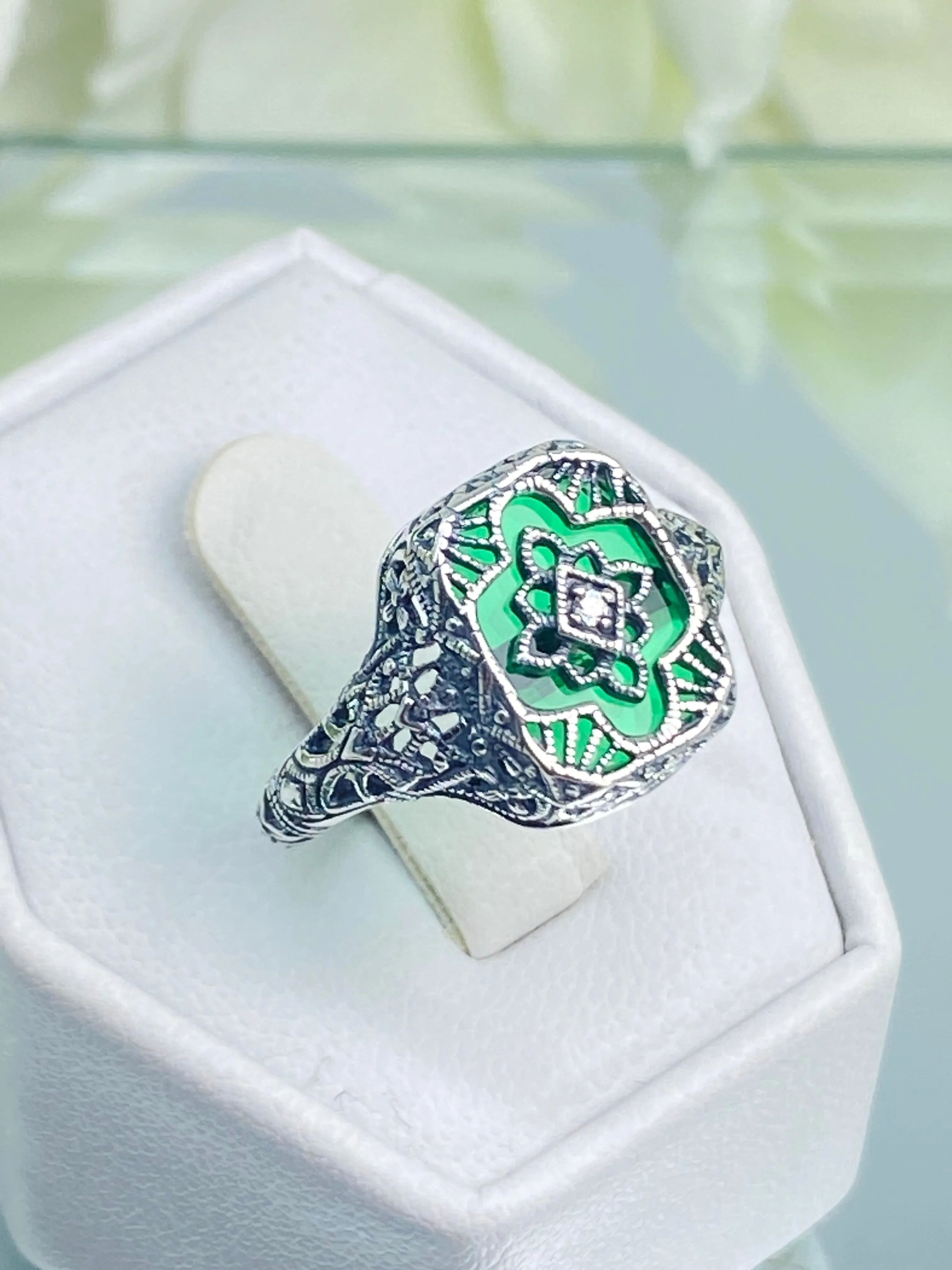 Emerald Glass Ring, Size 7, Moissanite Inset Gem, Art Deco Filigree Jewelry, #D204 - Ready to Ship