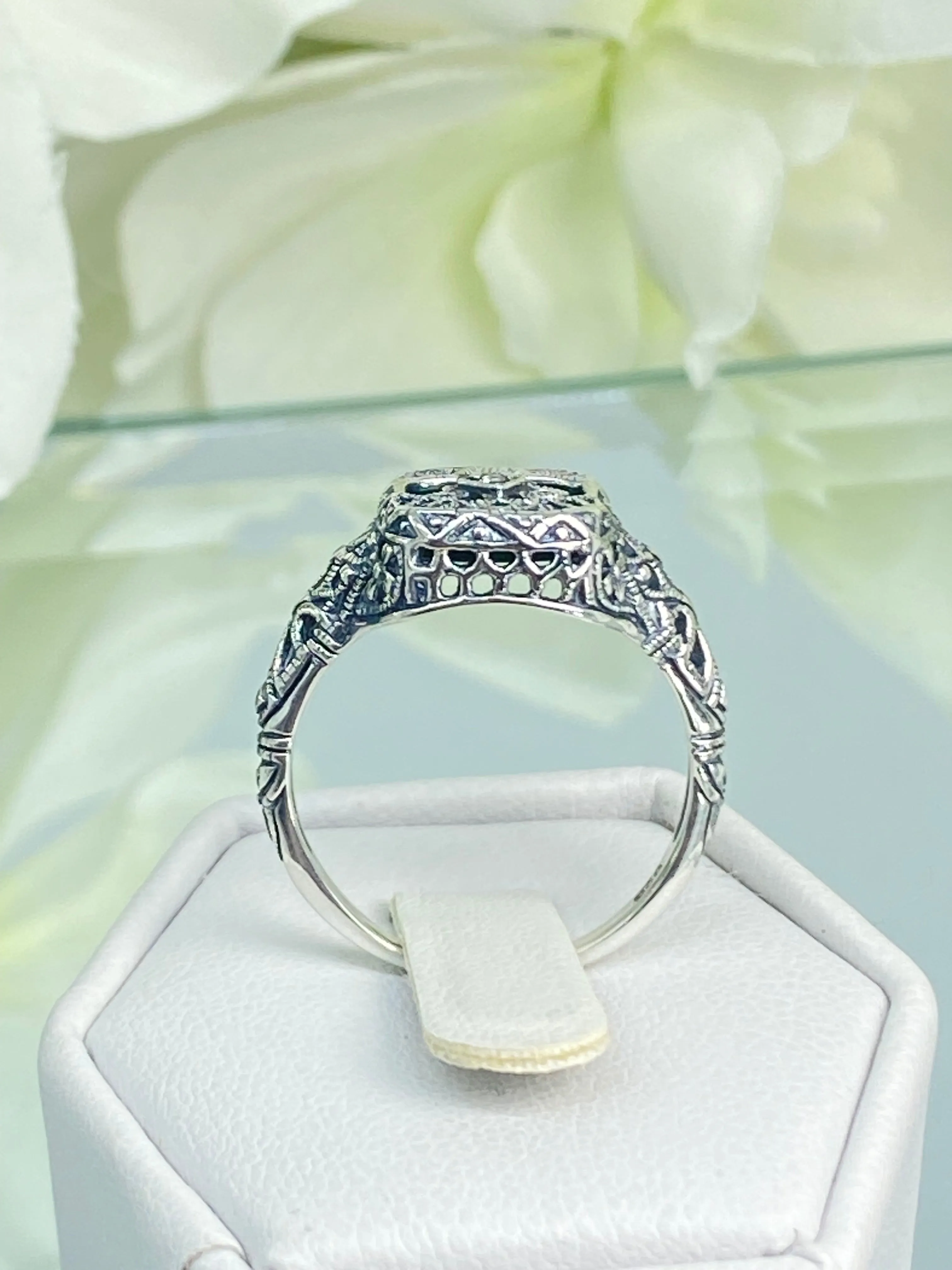 Emerald Glass Ring, Size 7, Moissanite Inset Gem, Art Deco Filigree Jewelry, #D204 - Ready to Ship