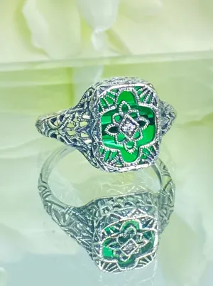 Emerald Glass Ring, Size 7, Moissanite Inset Gem, Art Deco Filigree Jewelry, #D204 - Ready to Ship