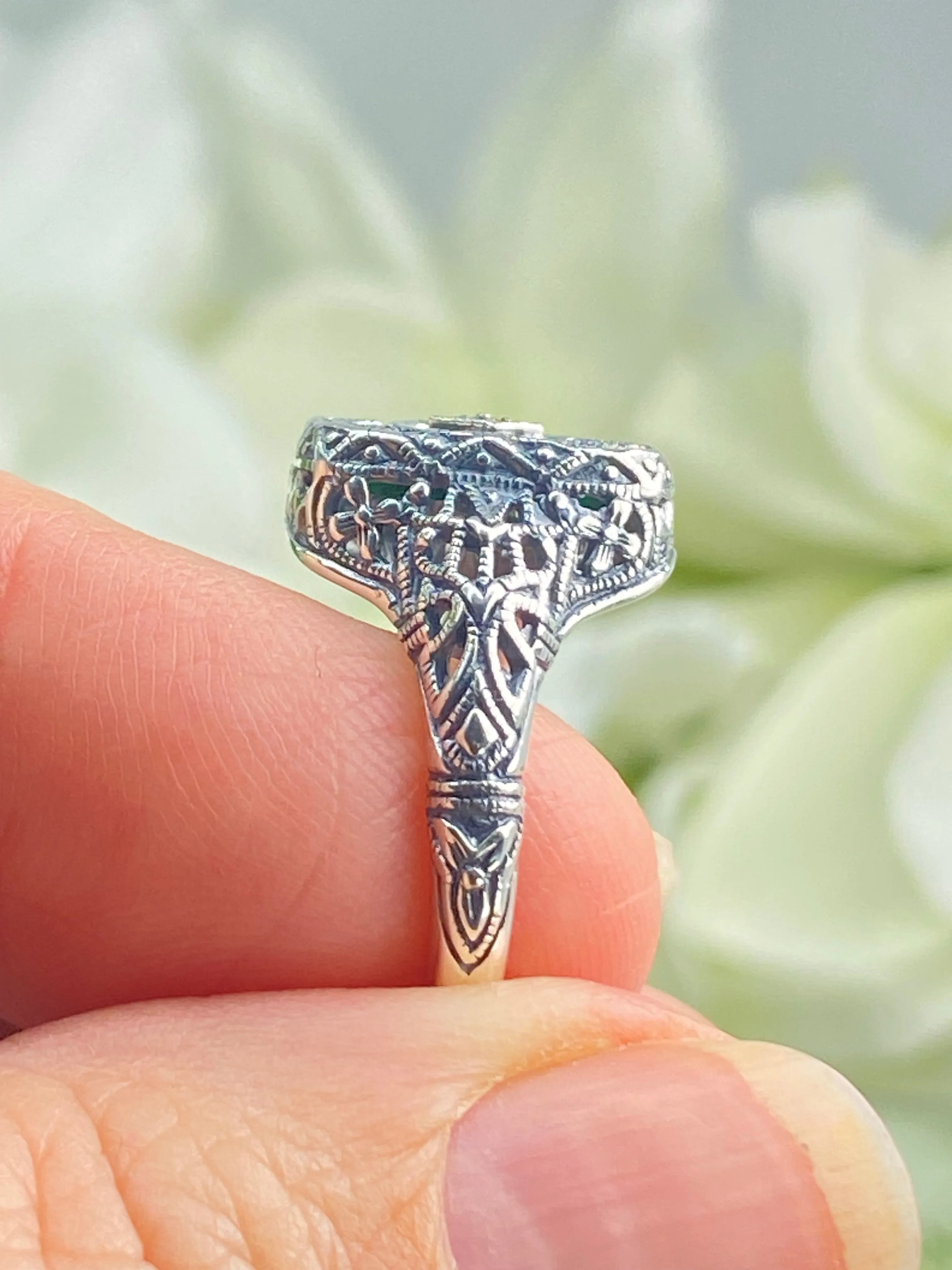 Emerald Glass Ring, Size 7, Moissanite Inset Gem, Art Deco Filigree Jewelry, #D204 - Ready to Ship