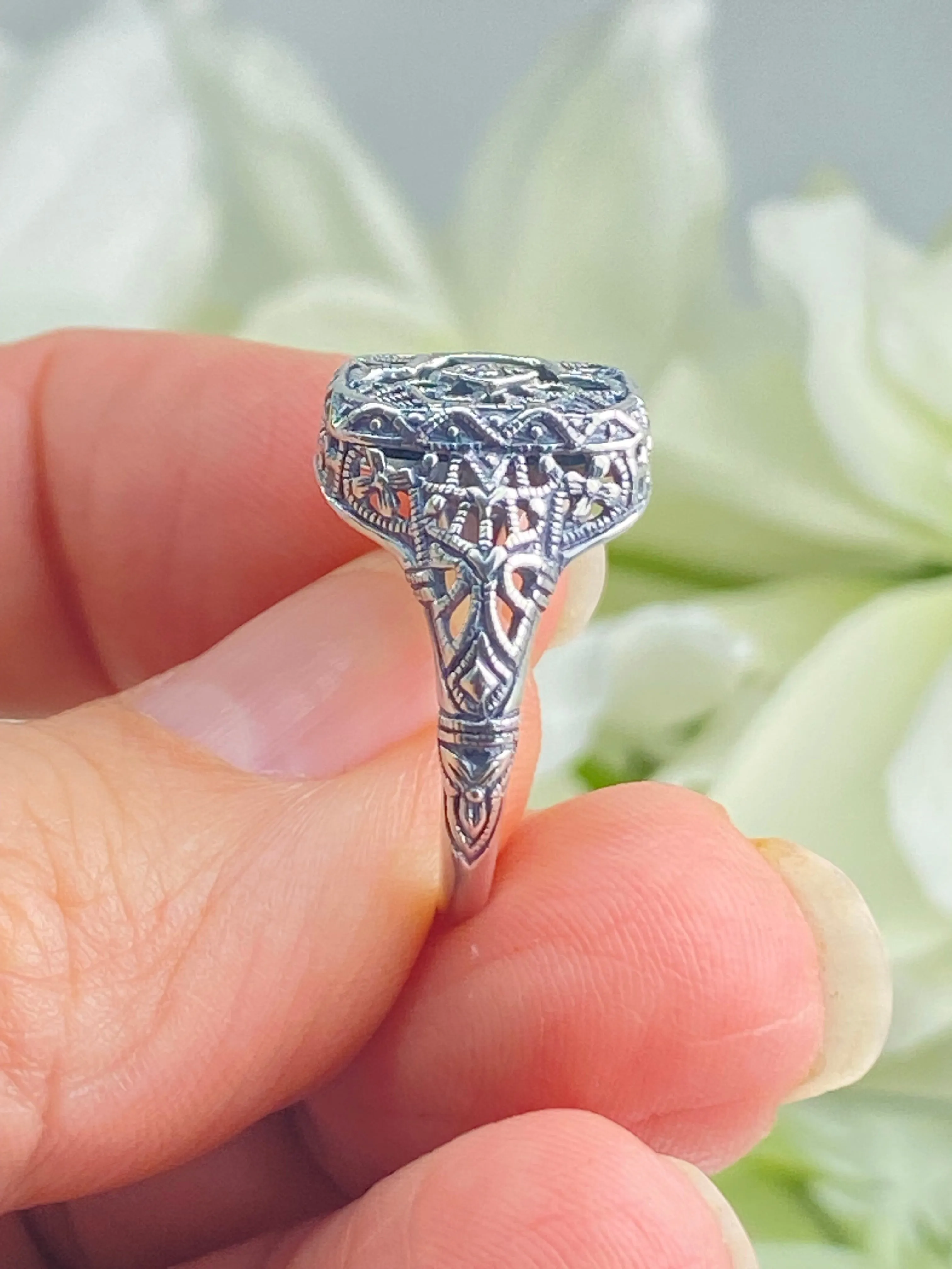 Emerald Glass Ring, Size 7, Moissanite Inset Gem, Art Deco Filigree Jewelry, #D204 - Ready to Ship