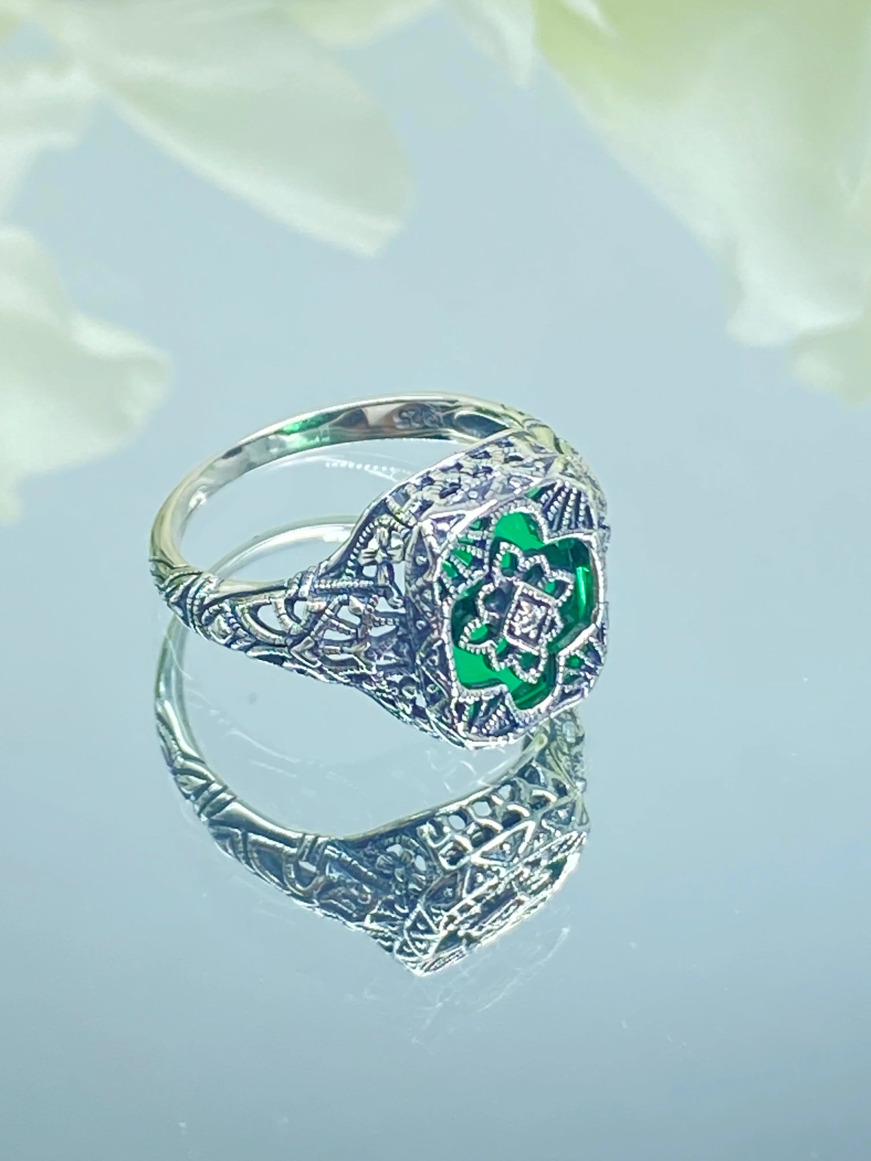 Emerald Glass Ring, Size 7, Moissanite Inset Gem, Art Deco Filigree Jewelry, #D204 - Ready to Ship
