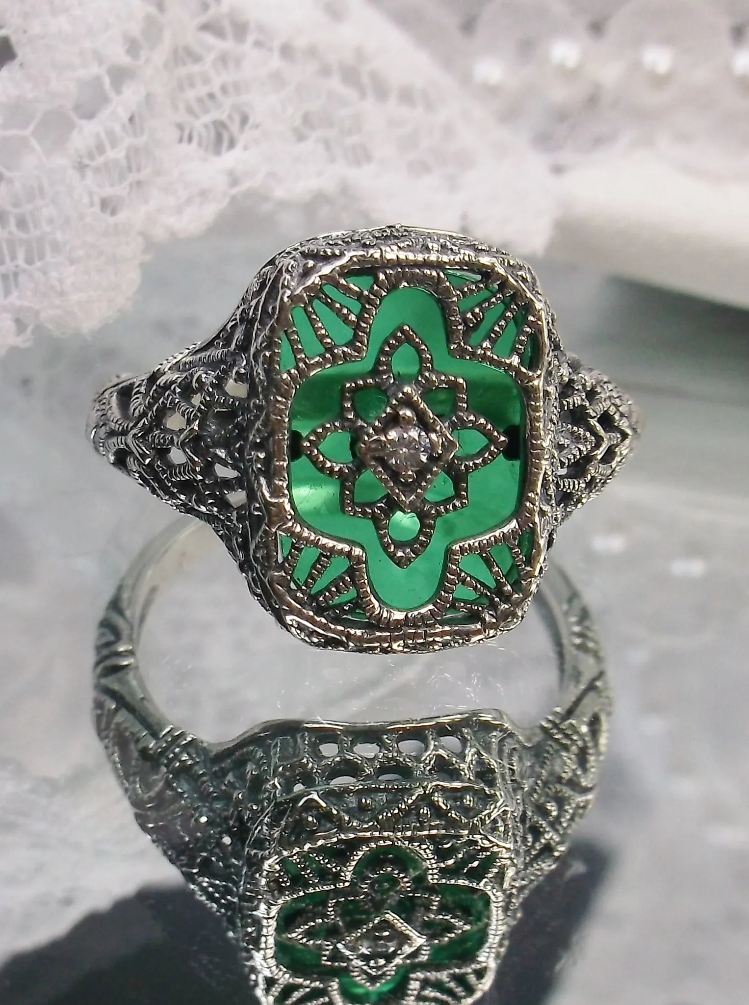 Emerald Glass Ring, Size 7, Moissanite Inset Gem, Art Deco Filigree Jewelry, #D204 - Ready to Ship