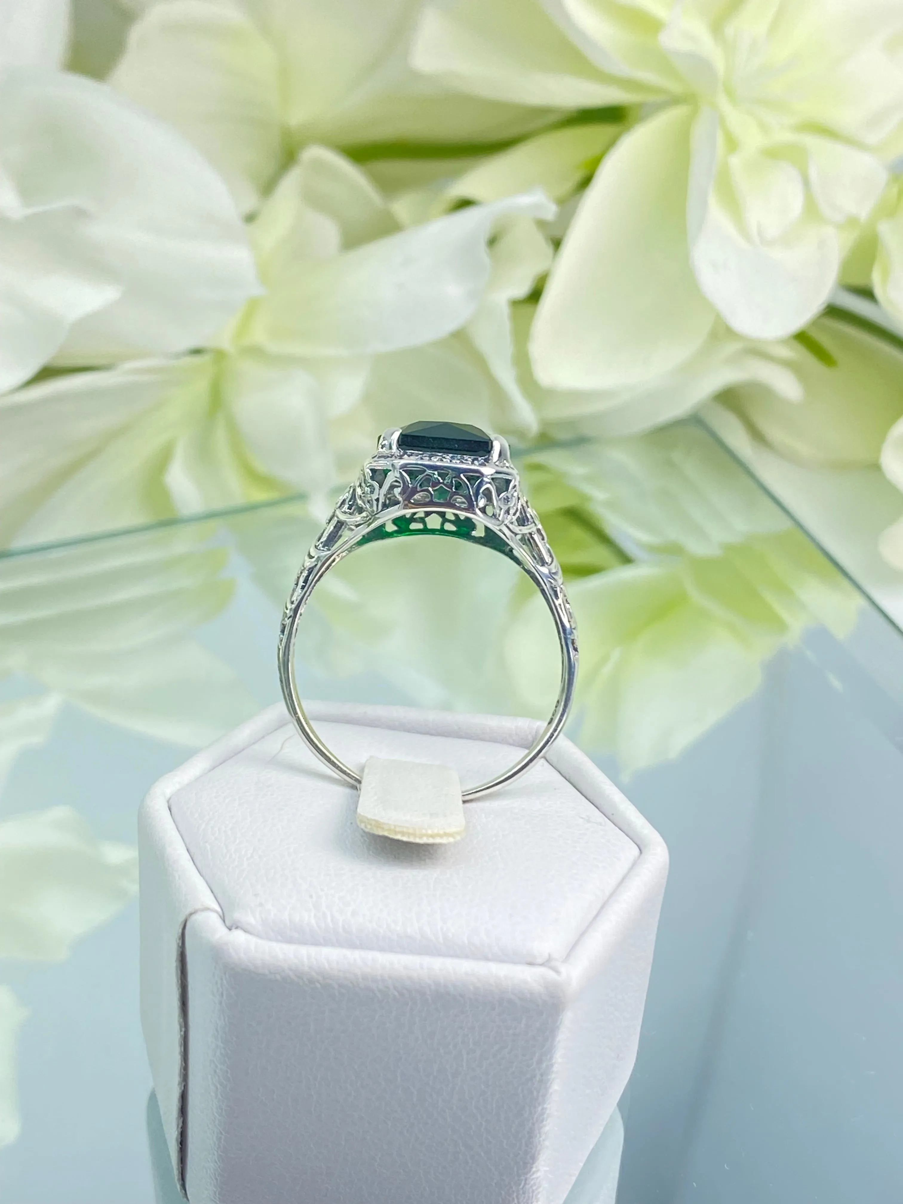 Emerald Ring, Cushion Cut Gemstone, Vintage Style Art Nouveau Jewelry, Design#D64