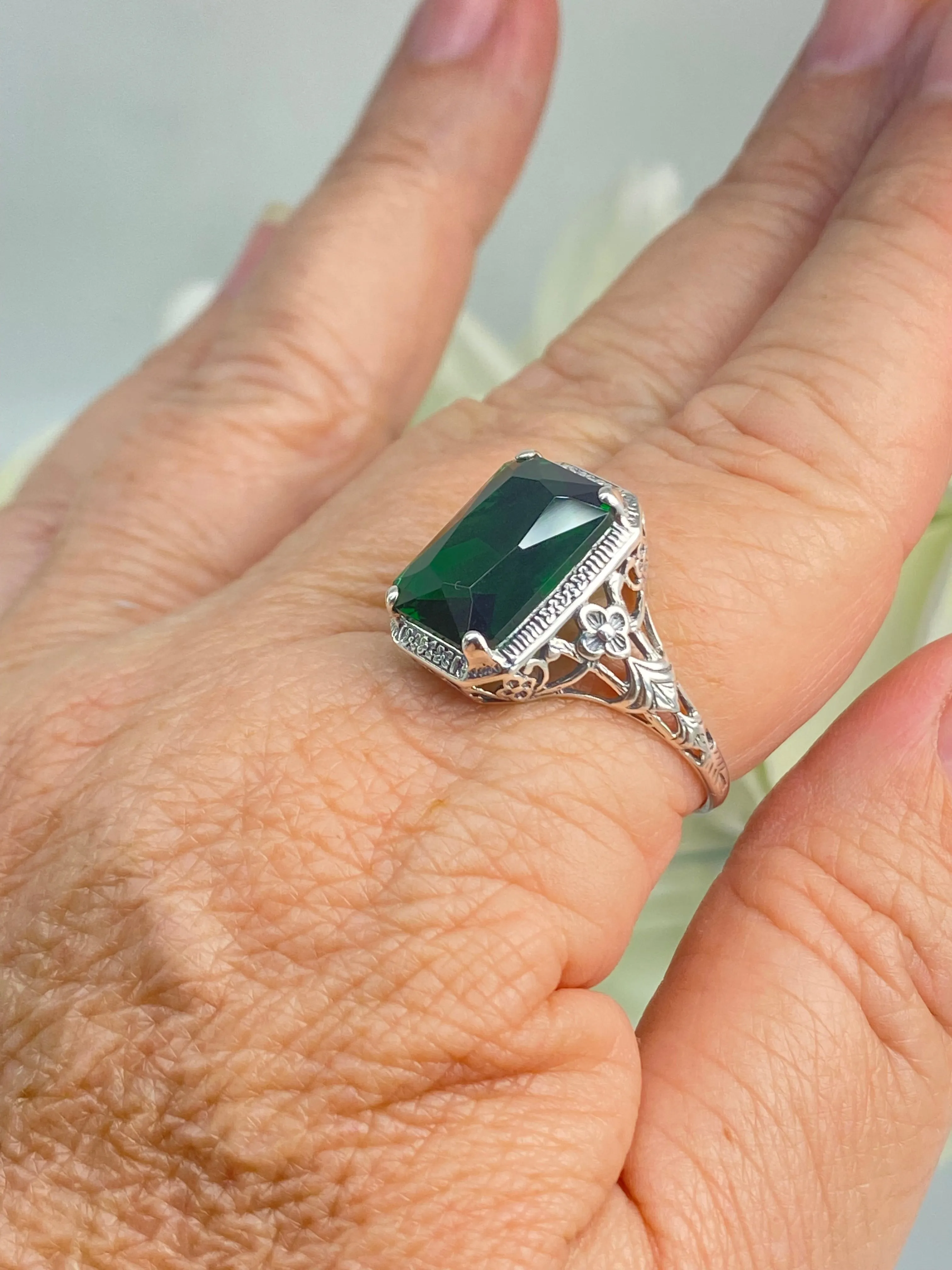 Emerald Ring, Cushion Cut Gemstone, Vintage Style Art Nouveau Jewelry, Design#D64