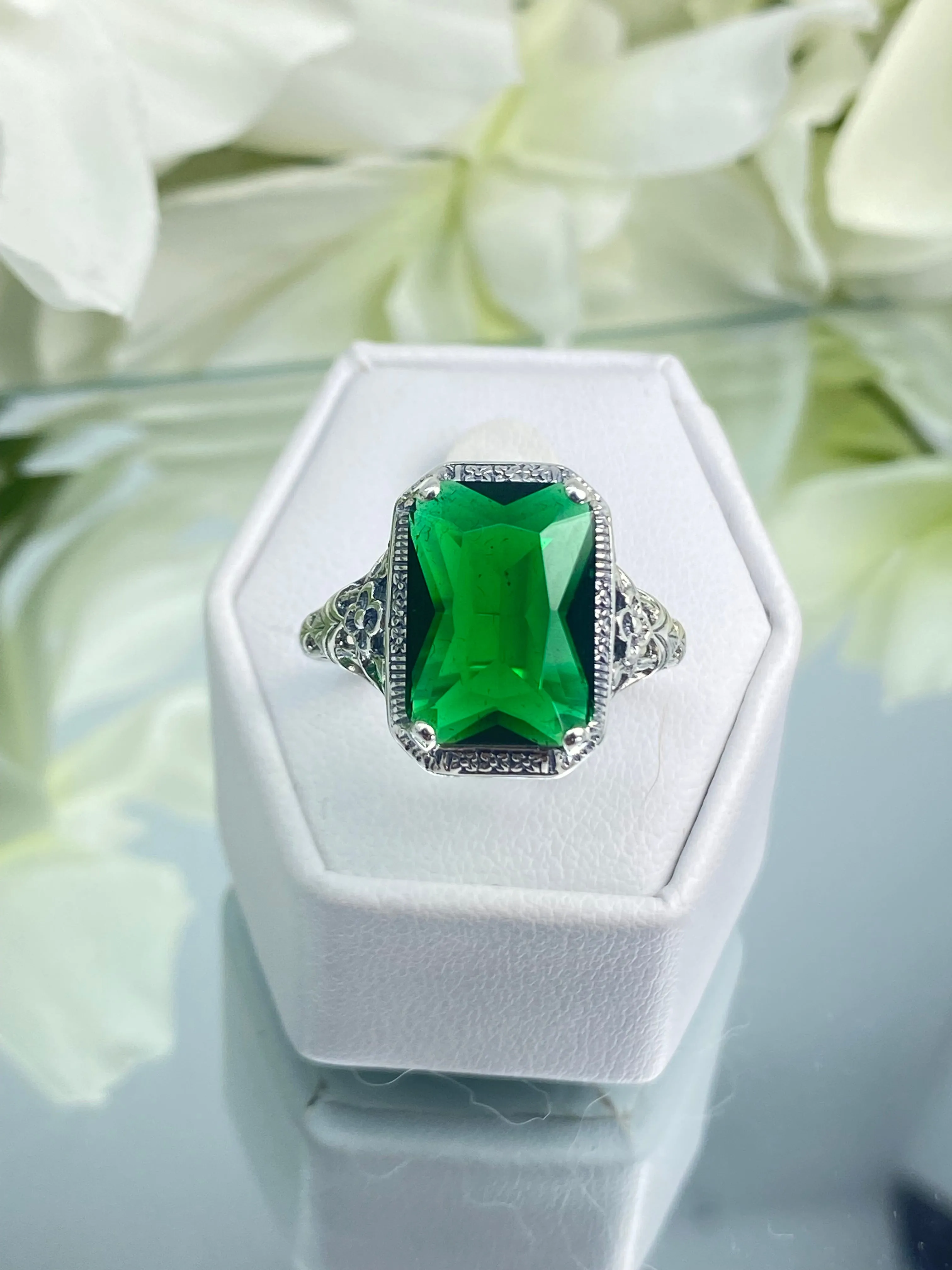 Emerald Ring, Cushion Cut Gemstone, Vintage Style Art Nouveau Jewelry, Design#D64