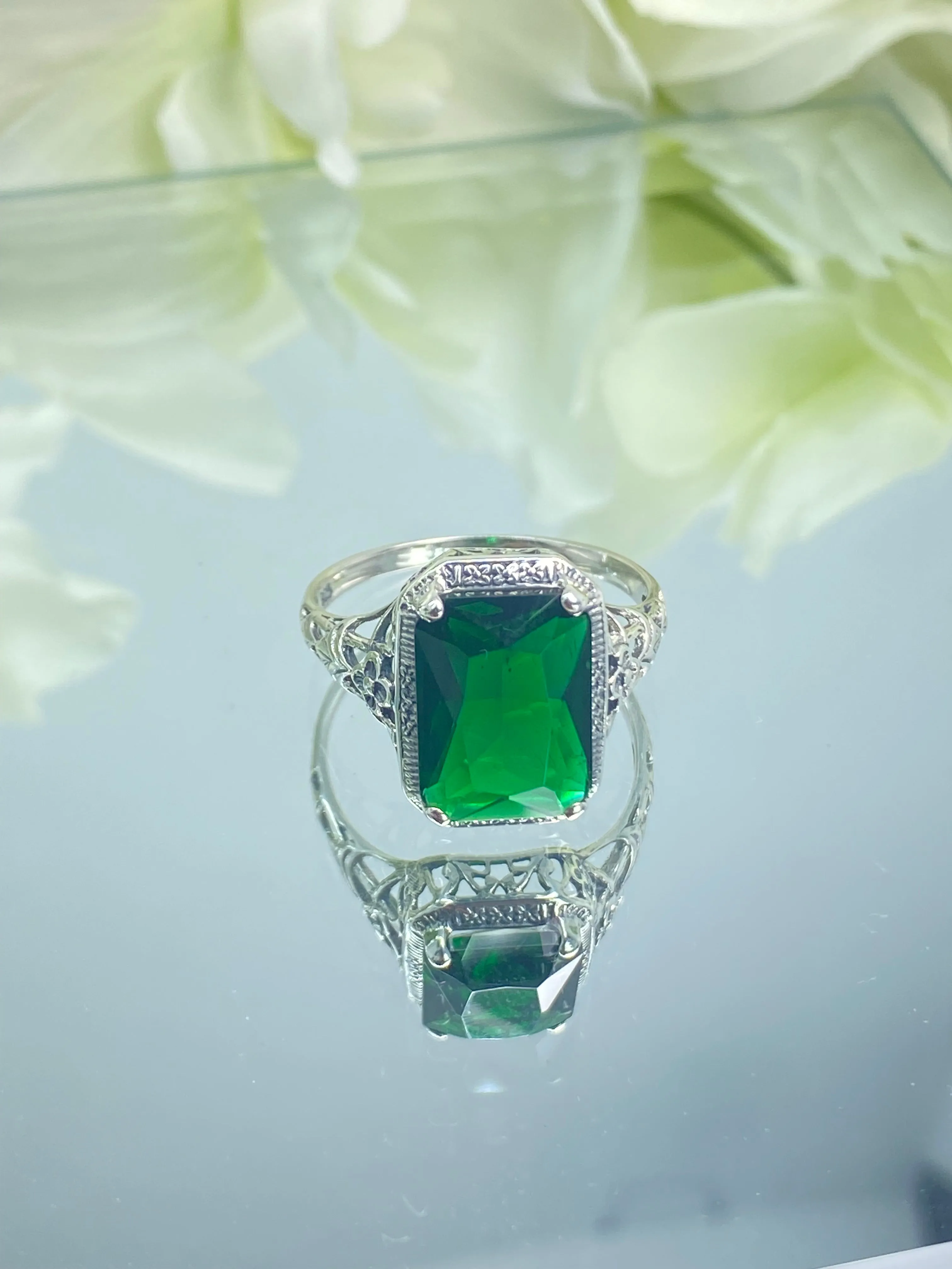 Emerald Ring, Cushion Cut Gemstone, Vintage Style Art Nouveau Jewelry, Design#D64