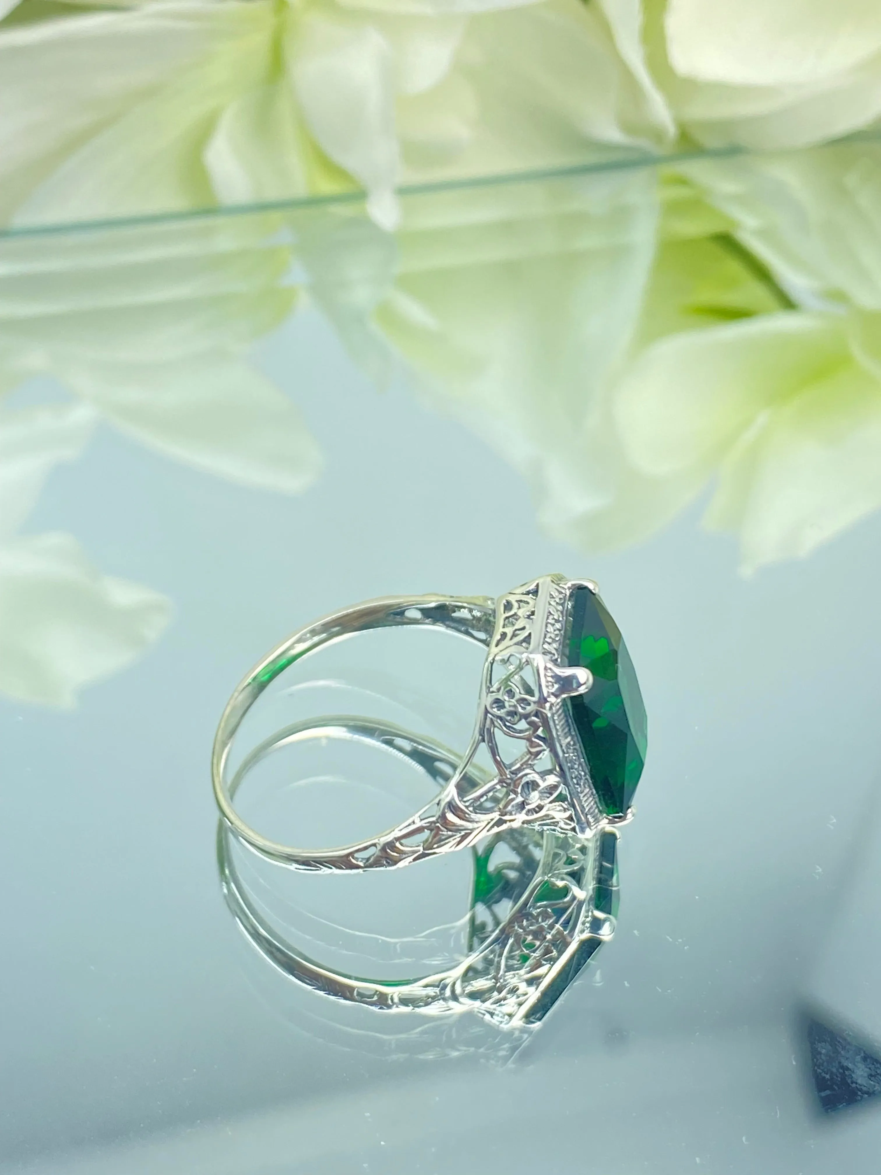 Emerald Ring, Cushion Cut Gemstone, Vintage Style Art Nouveau Jewelry, Design#D64