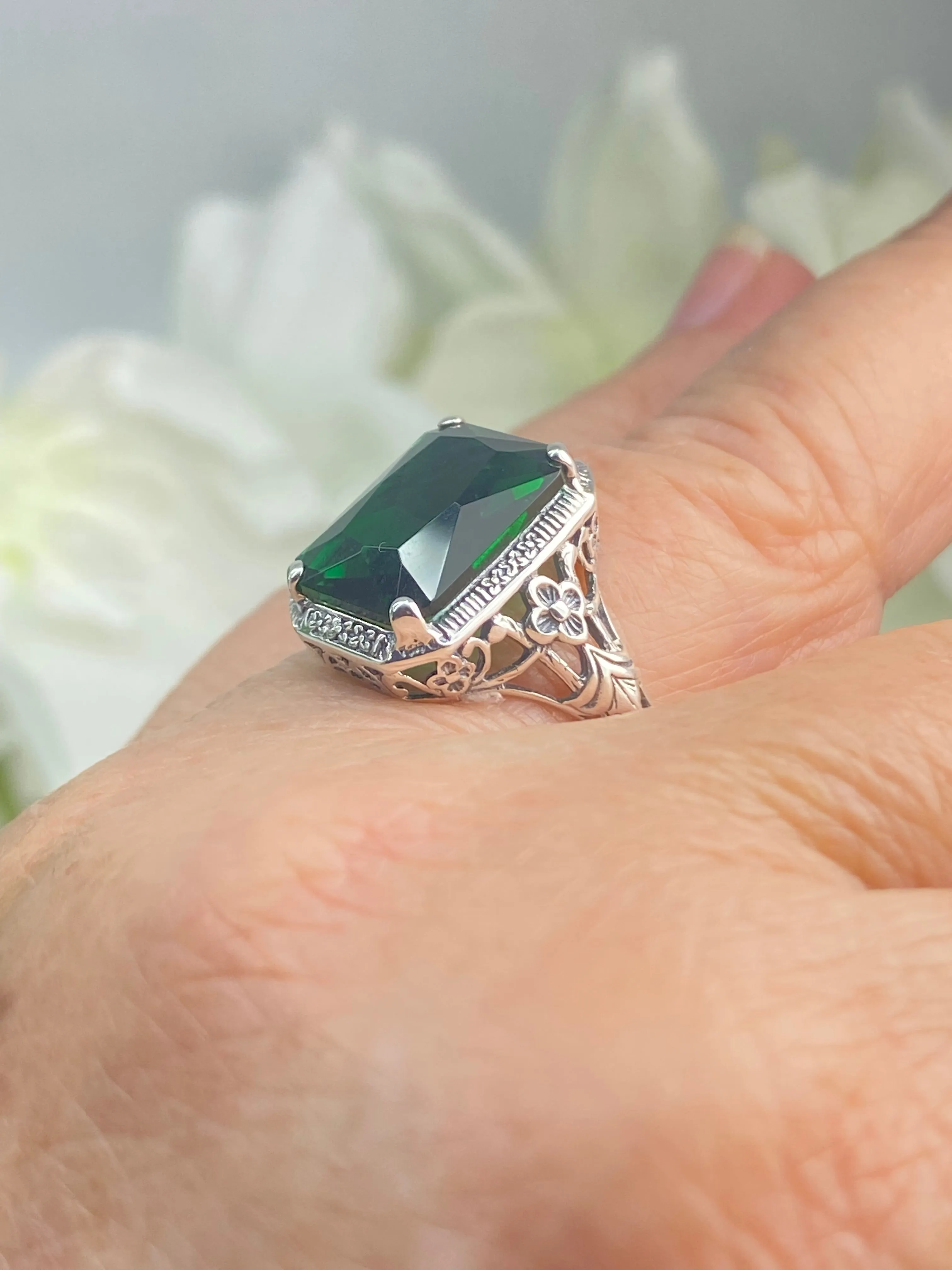 Emerald Ring, Cushion Cut Gemstone, Vintage Style Art Nouveau Jewelry, Design#D64