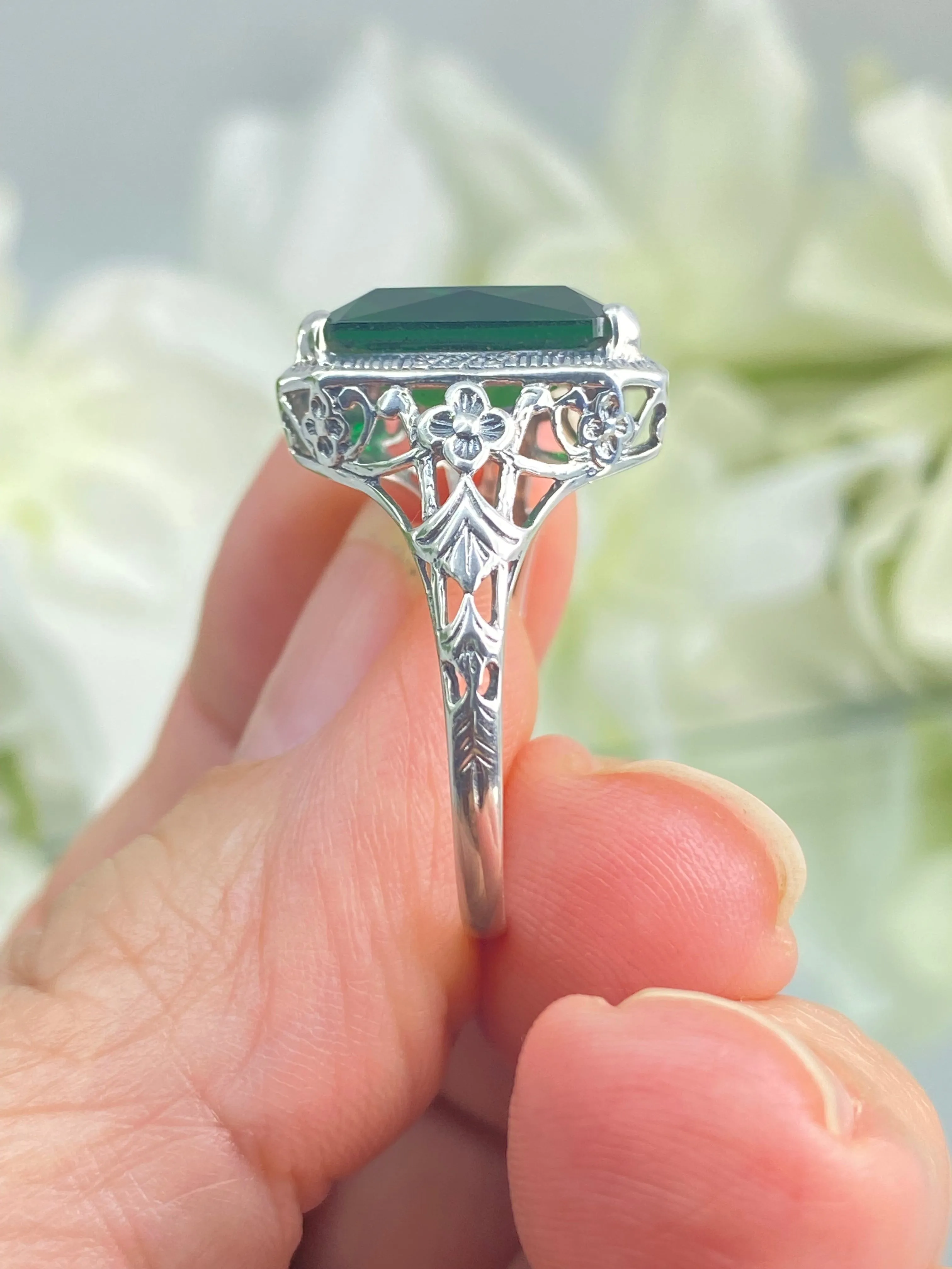 Emerald Ring, Cushion Cut Gemstone, Vintage Style Art Nouveau Jewelry, Design#D64