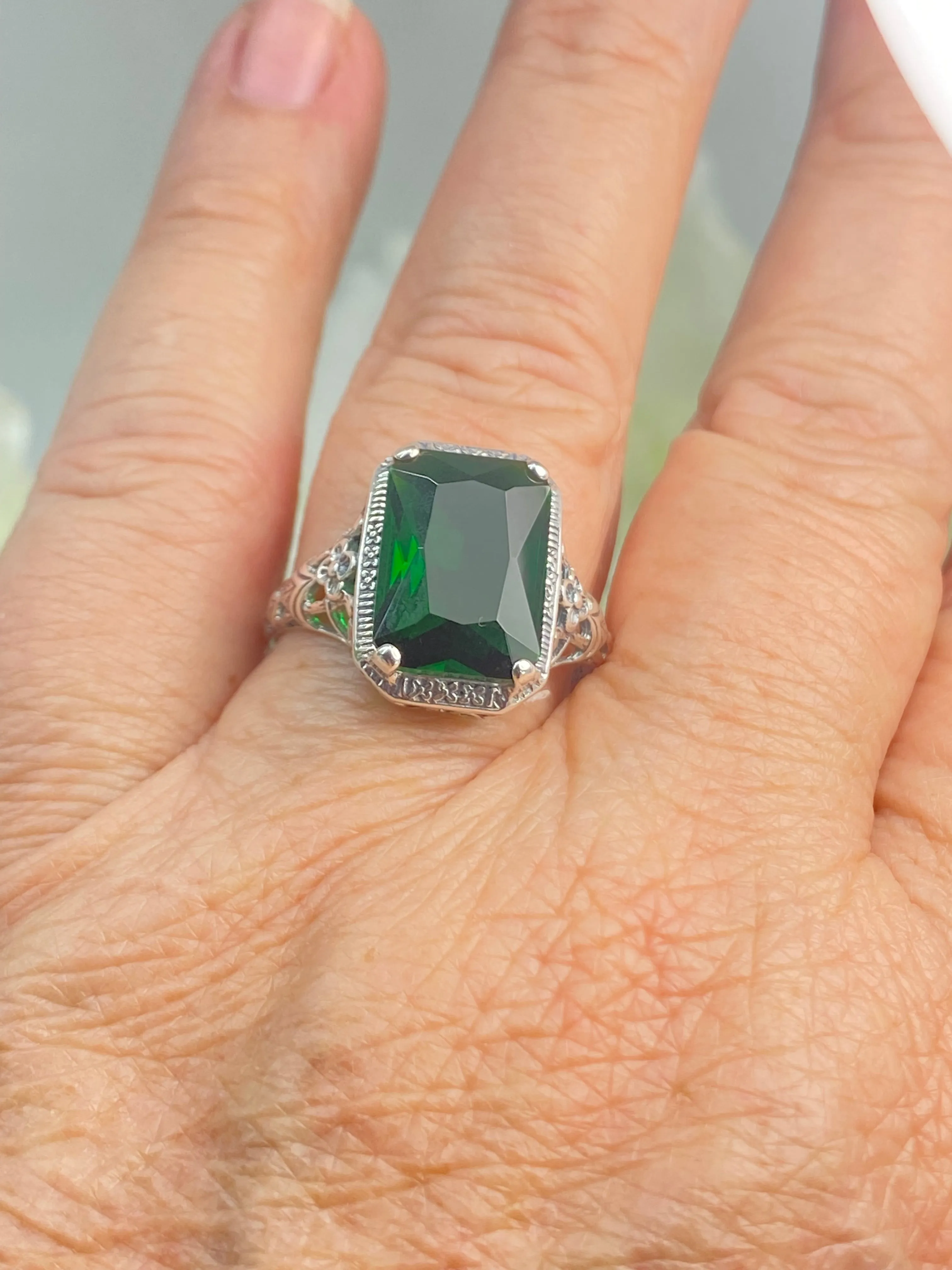 Emerald Ring, Cushion Cut Gemstone, Vintage Style Art Nouveau Jewelry, Design#D64