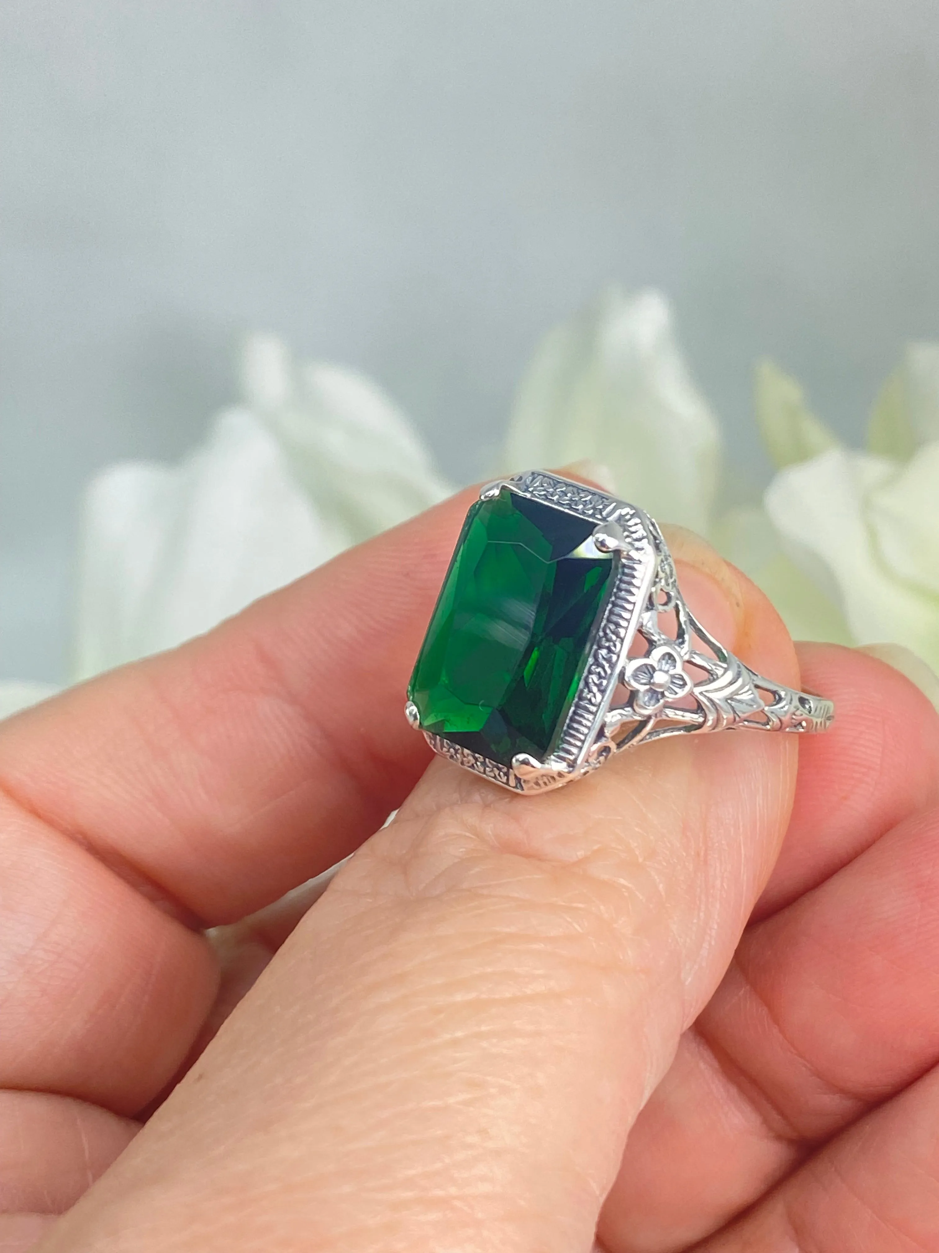 Emerald Ring, Cushion Cut Gemstone, Vintage Style Art Nouveau Jewelry, Design#D64