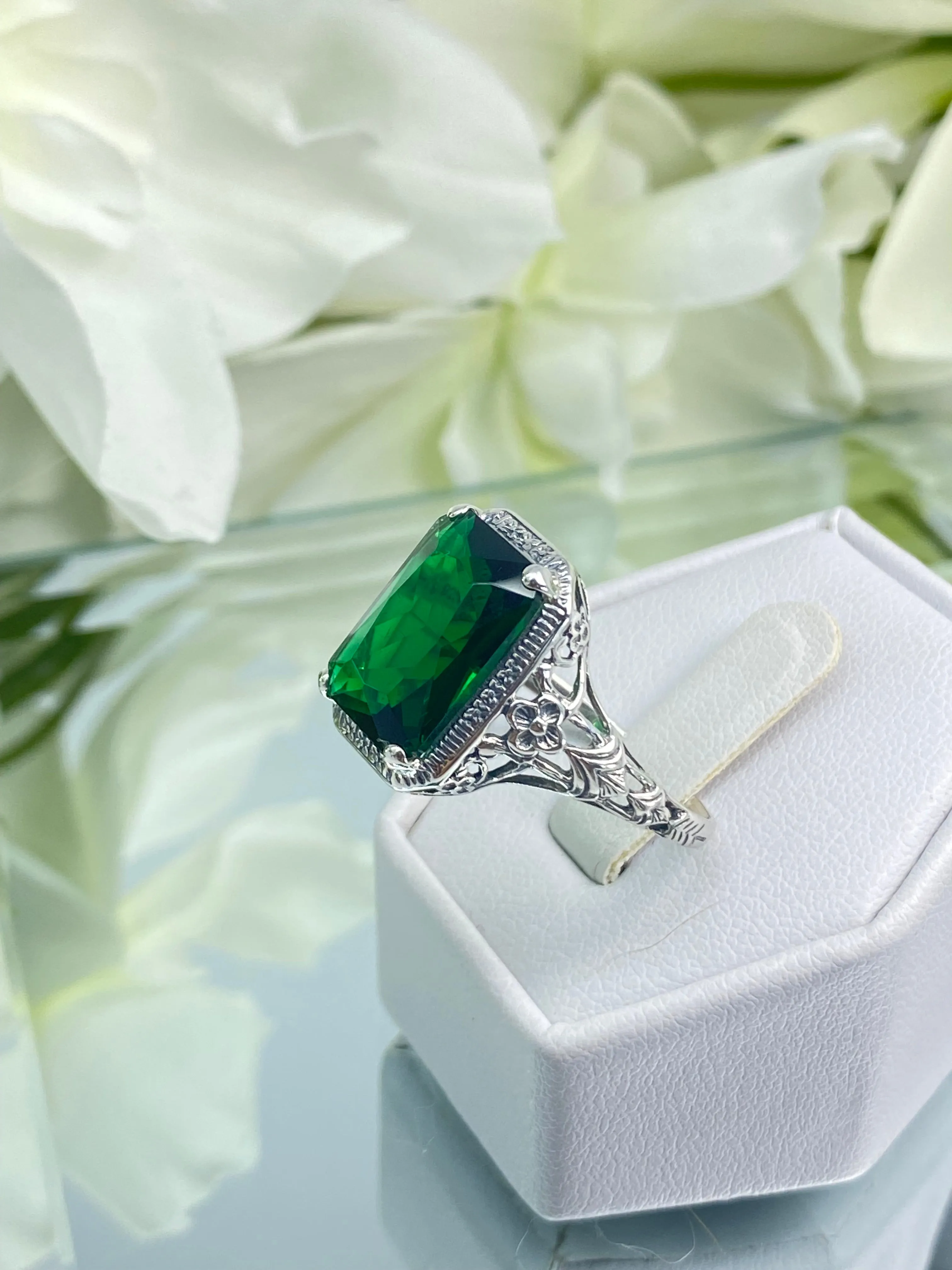 Emerald Ring, Cushion Cut Gemstone, Vintage Style Art Nouveau Jewelry, Design#D64