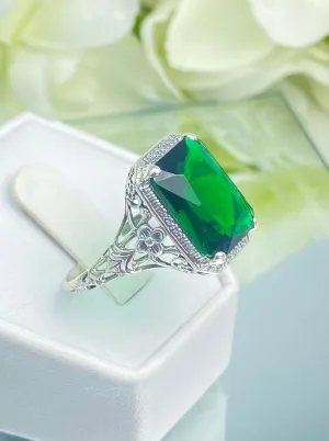 Emerald Ring, Cushion Cut Gemstone, Vintage Style Art Nouveau Jewelry, Design#D64