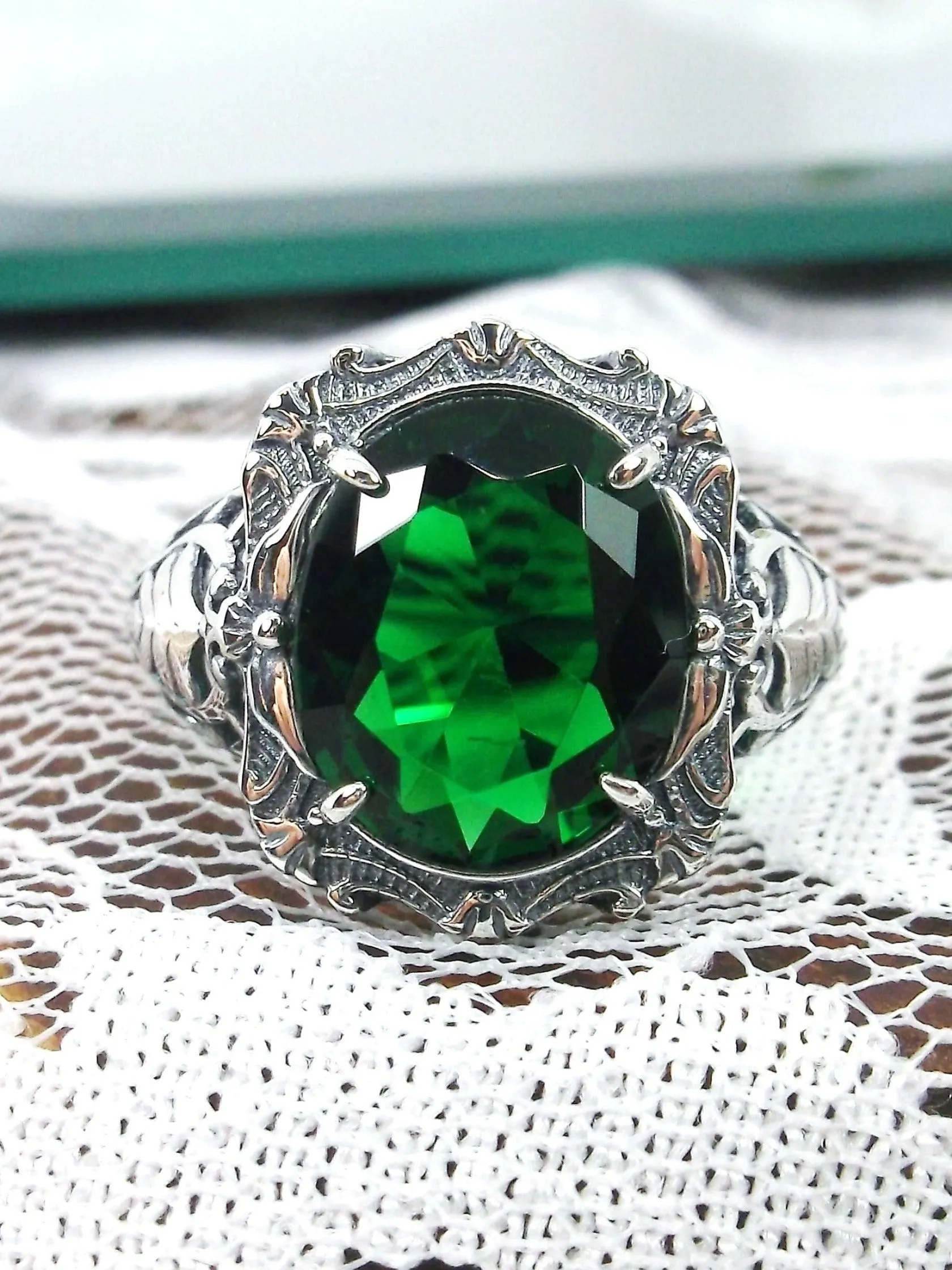 Emerald Ring, Oval Art Nouveau Style, Vintage Sterling Silver Filigree Ring, Beauty Ring, D229
