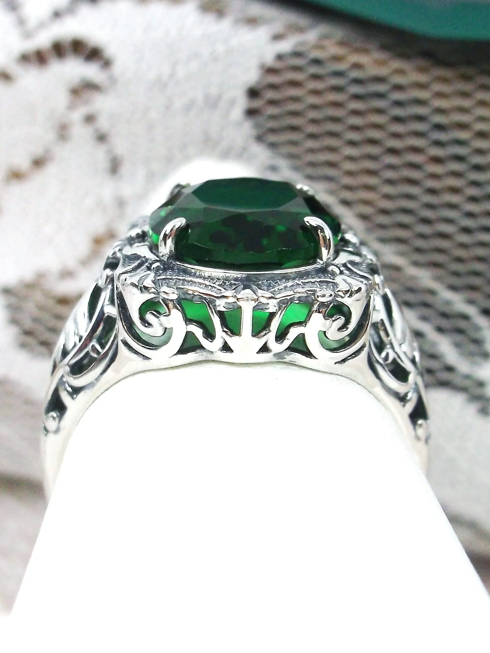 Emerald Ring, Oval Art Nouveau Style, Vintage Sterling Silver Filigree Ring, Beauty Ring, D229
