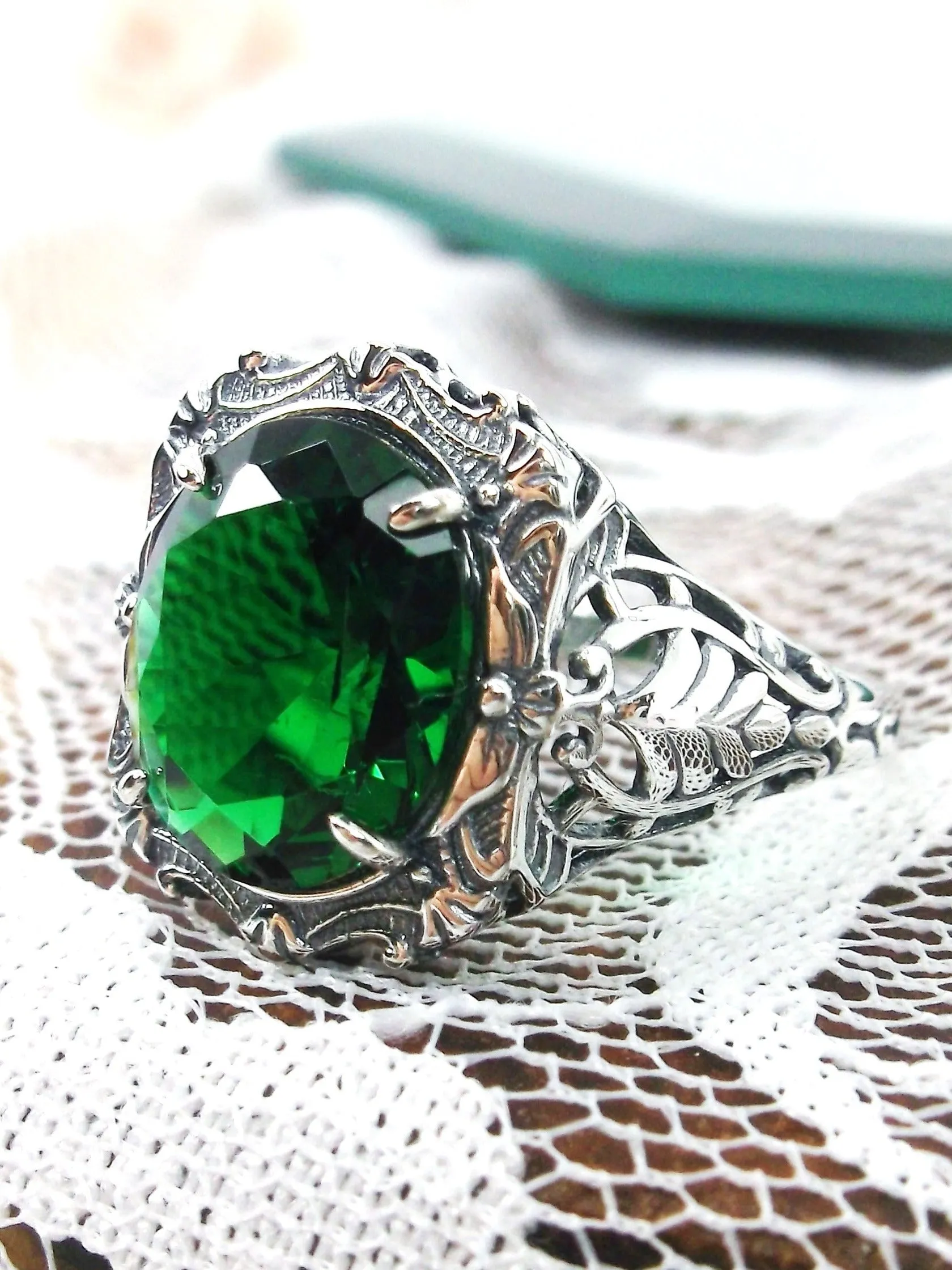 Emerald Ring, Oval Art Nouveau Style, Vintage Sterling Silver Filigree Ring, Beauty Ring, D229