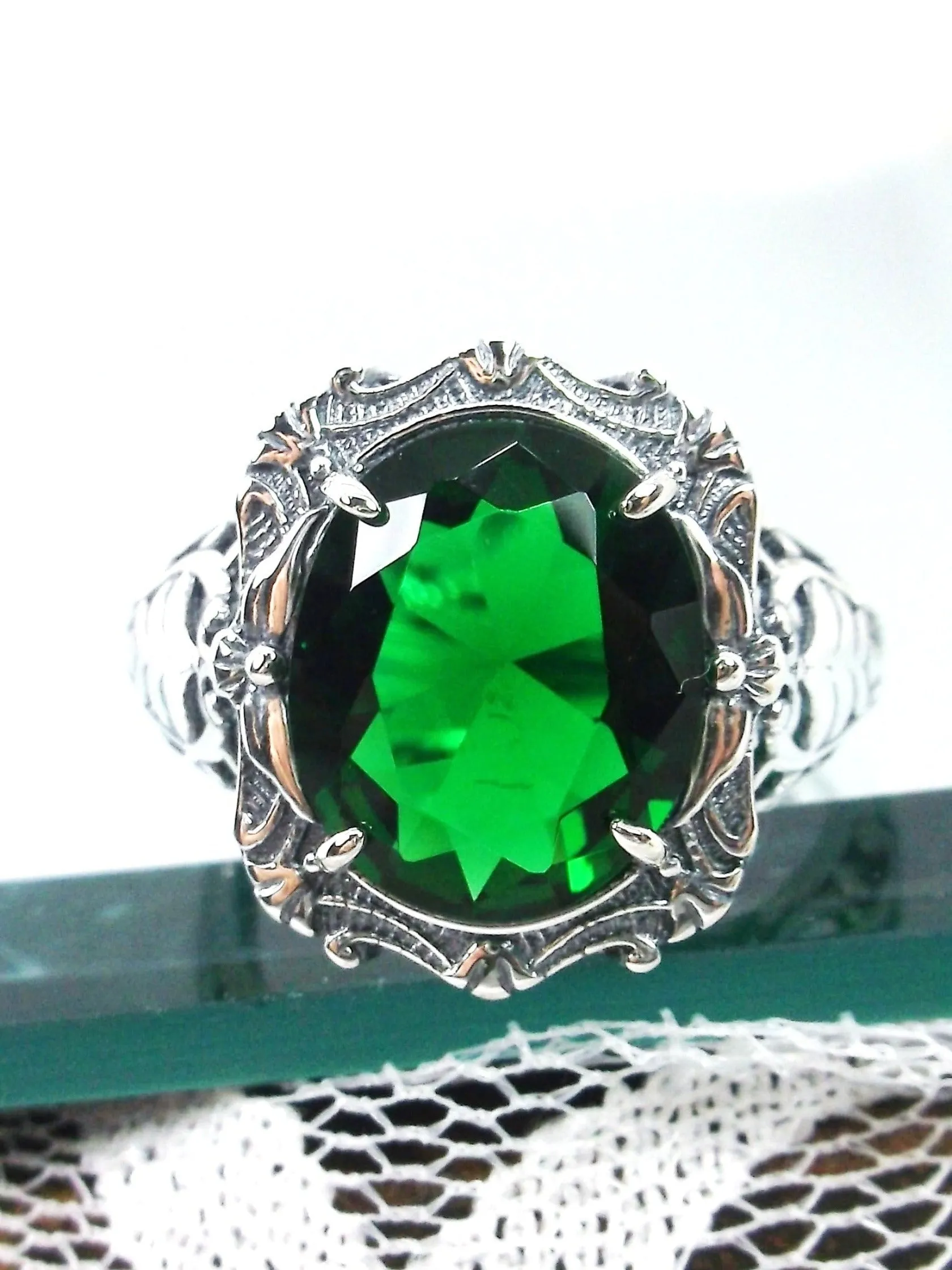 Emerald Ring, Oval Art Nouveau Style, Vintage Sterling Silver Filigree Ring, Beauty Ring, D229