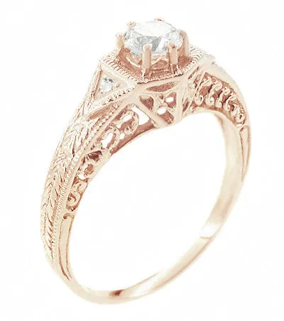 Engraved Filigree Art Deco Hexagonal Rose Gold 0.39 Carat Diamond Engagement Ring