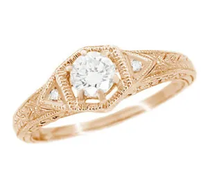 Engraved Filigree Art Deco Hexagonal Rose Gold 0.39 Carat Diamond Engagement Ring
