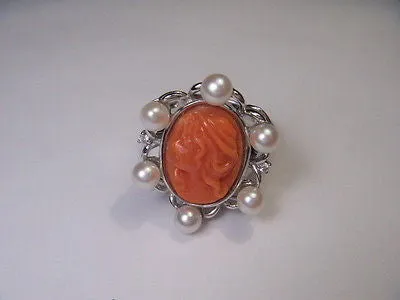 Estate 14K White Gold Filigree Seed Pearl Diamond Red Undyed Coral Cameo Ring