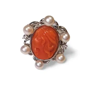 Estate 14K White Gold Filigree Seed Pearl Diamond Red Undyed Coral Cameo Ring