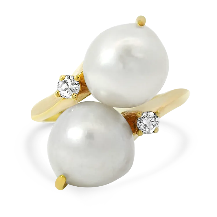 Estate 14k Yellow Gold Pearl & Diamond Bypass Ring