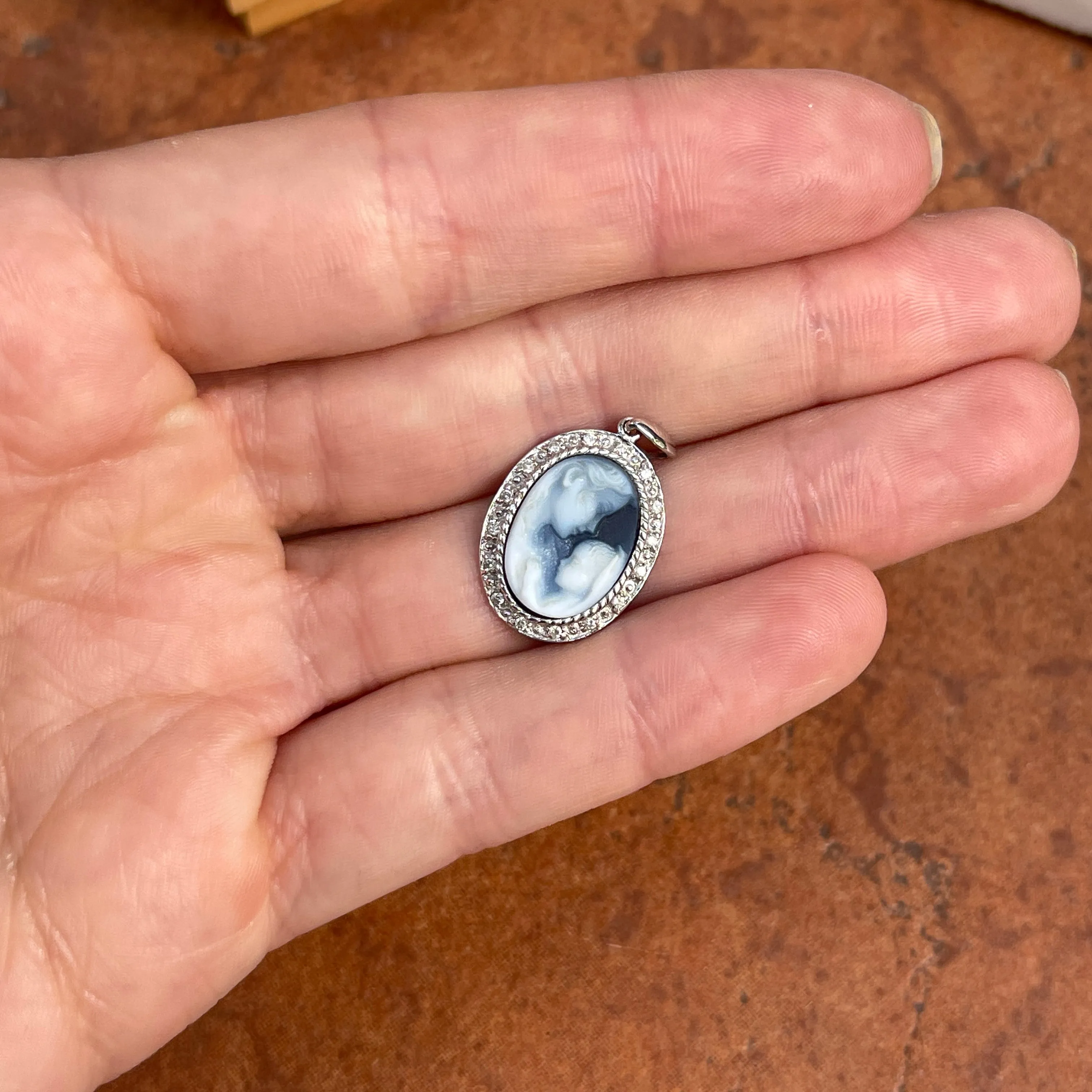 Estate 14KT White Gold Mother   Baby Diamond Frame Cameo Pendant