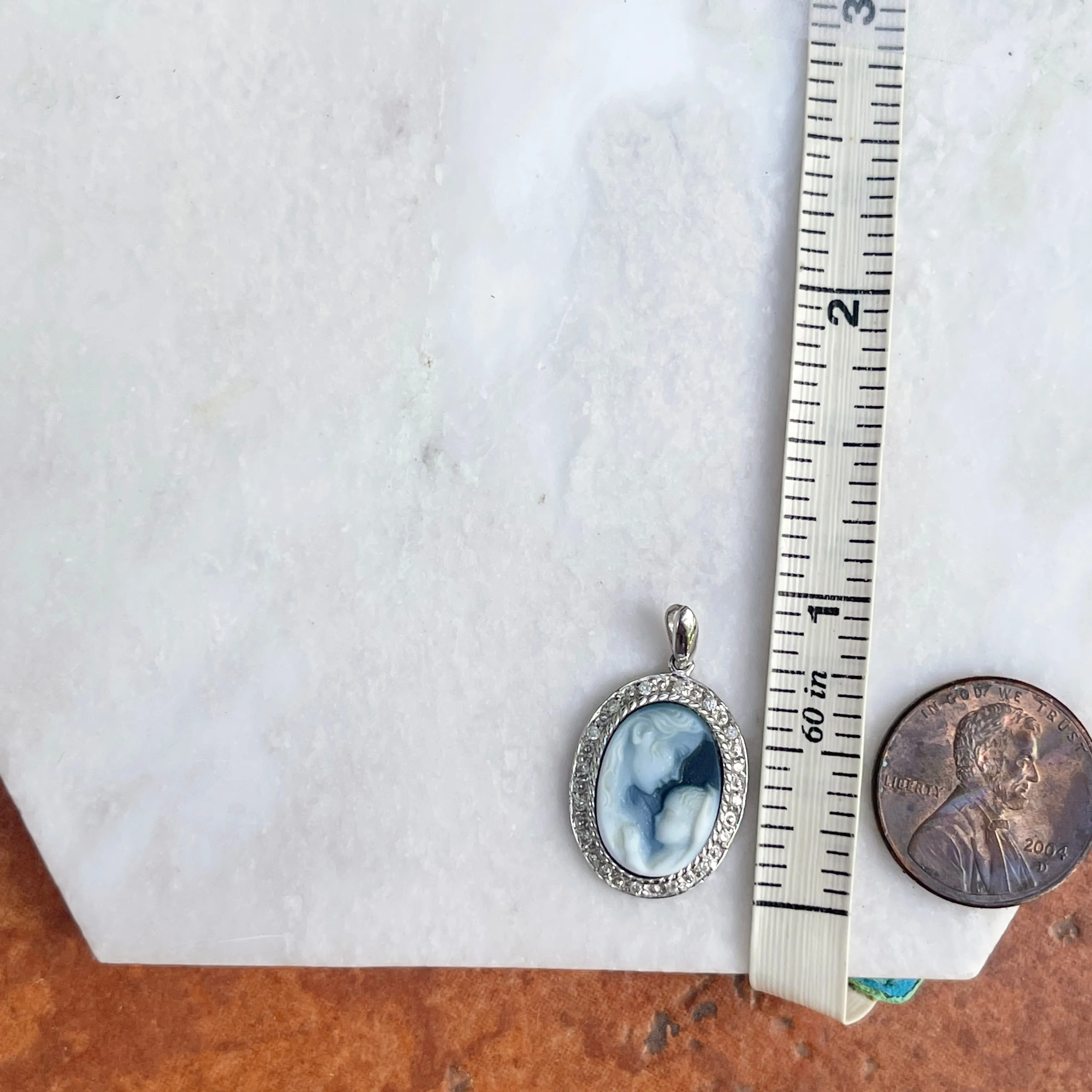 Estate 14KT White Gold Mother   Baby Diamond Frame Cameo Pendant