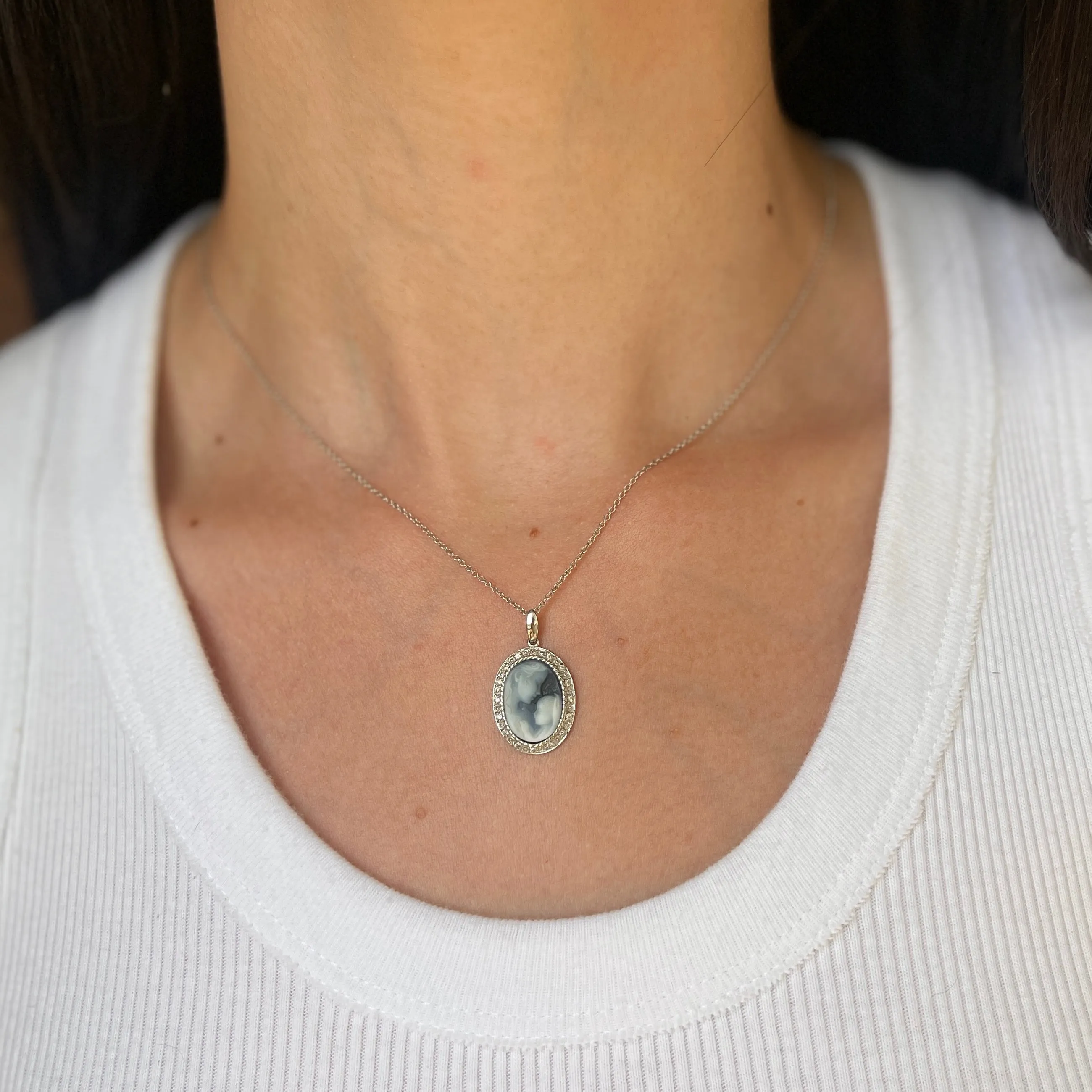 Estate 14KT White Gold Mother   Baby Diamond Frame Cameo Pendant