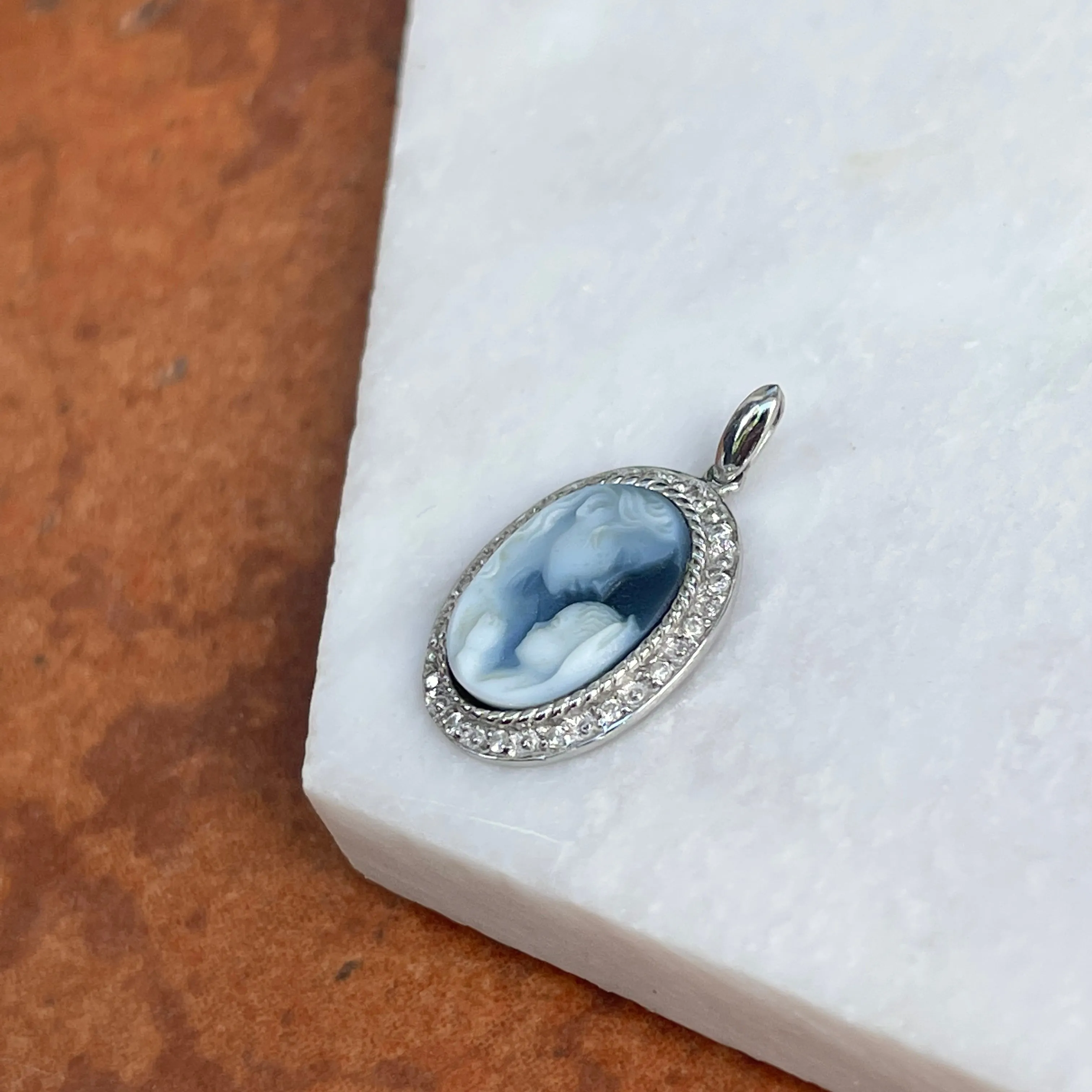 Estate 14KT White Gold Mother   Baby Diamond Frame Cameo Pendant