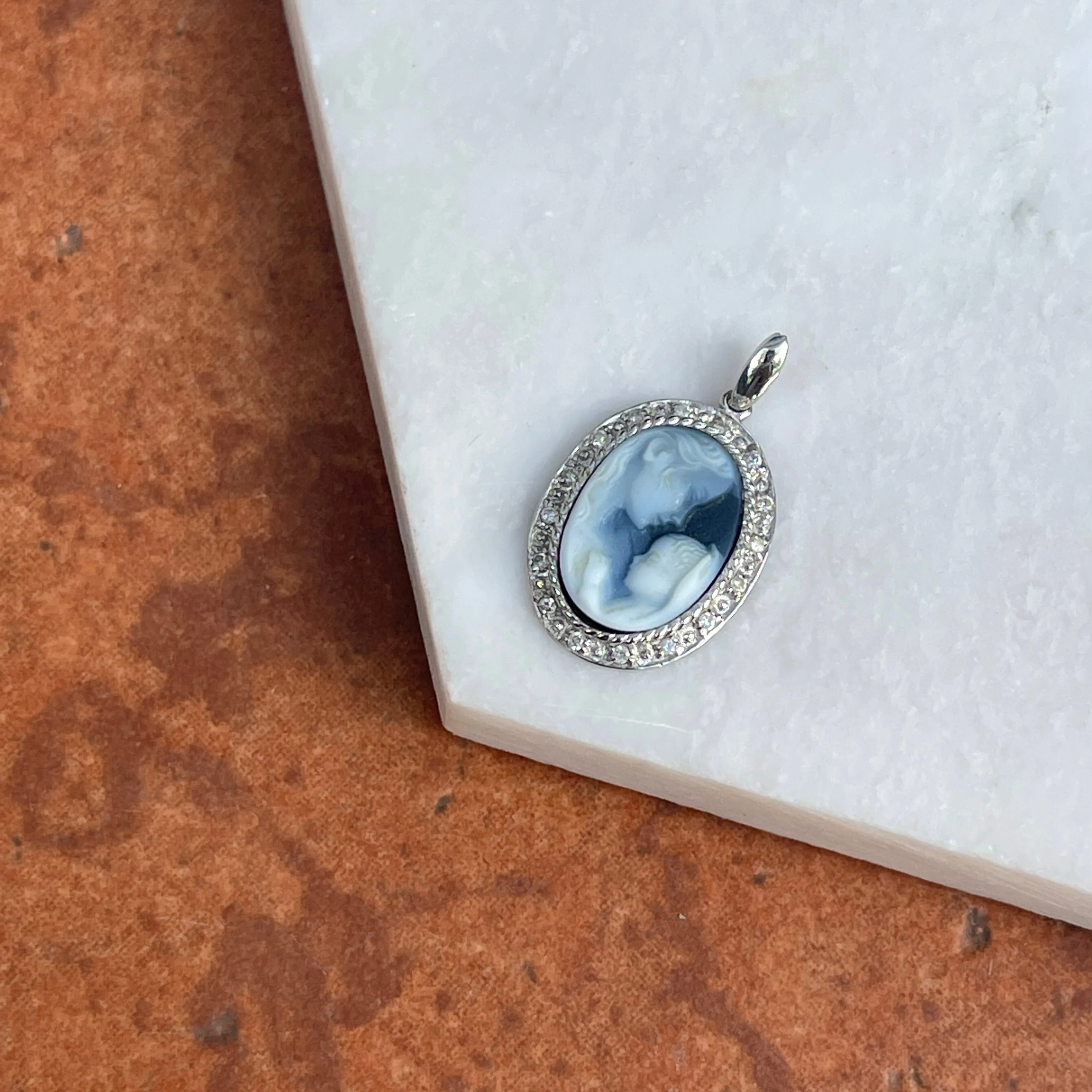 Estate 14KT White Gold Mother   Baby Diamond Frame Cameo Pendant