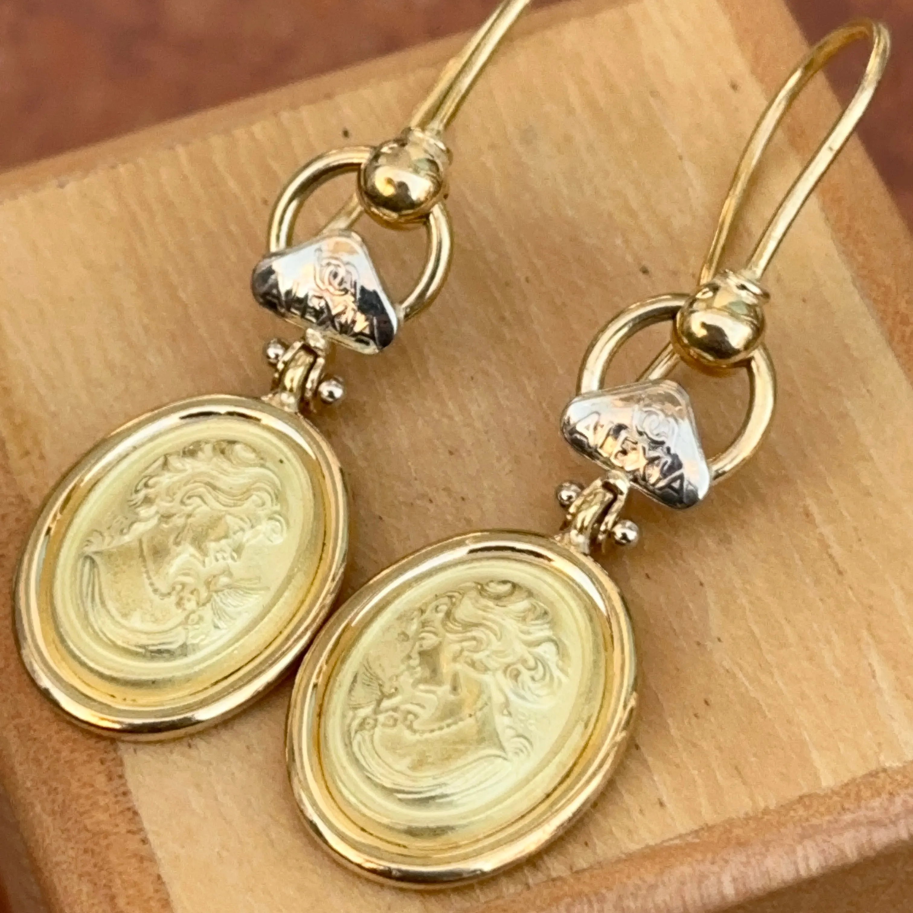 Estate 18KT Yellow Gold Etruscan Cameo Dangle Earrings