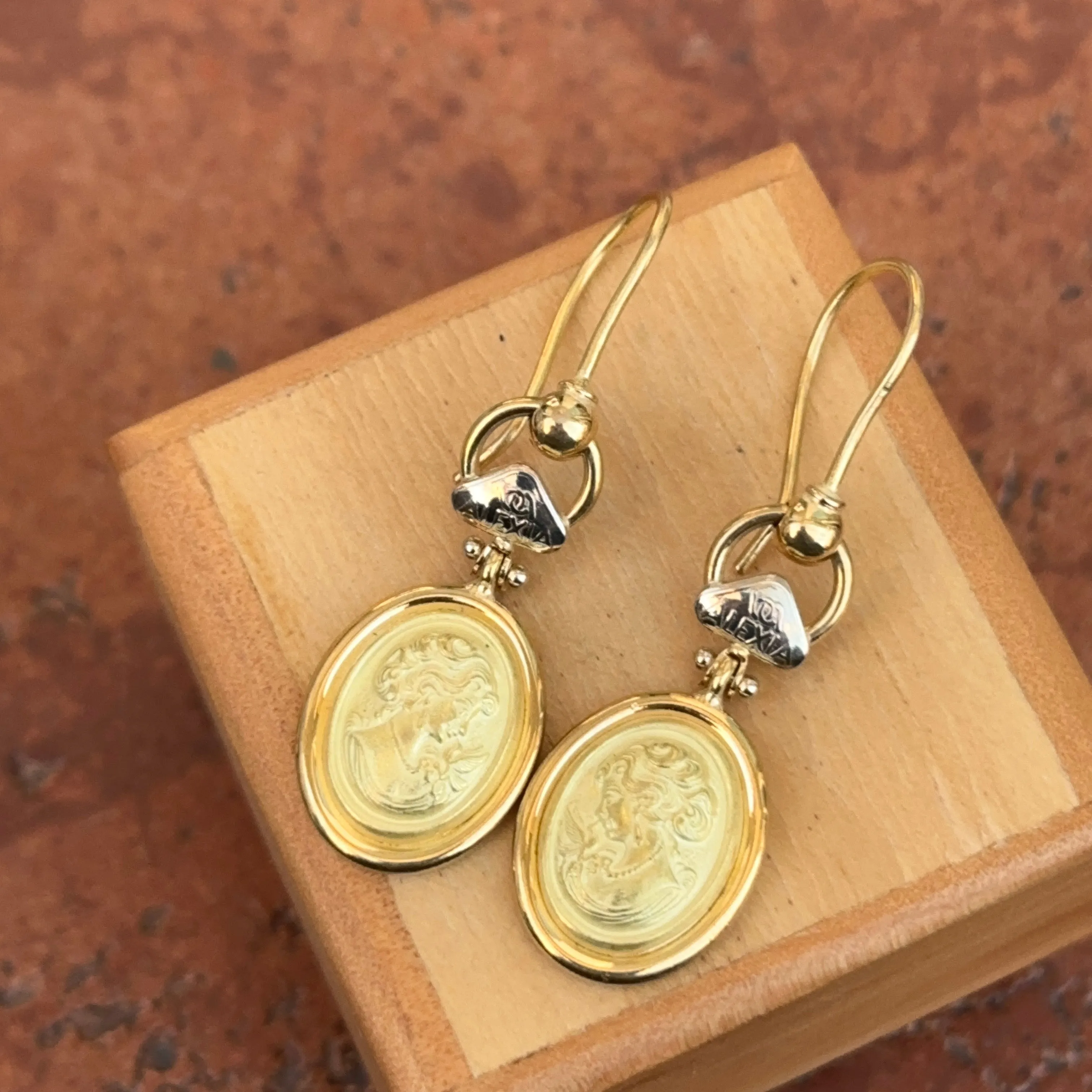 Estate 18KT Yellow Gold Etruscan Cameo Dangle Earrings