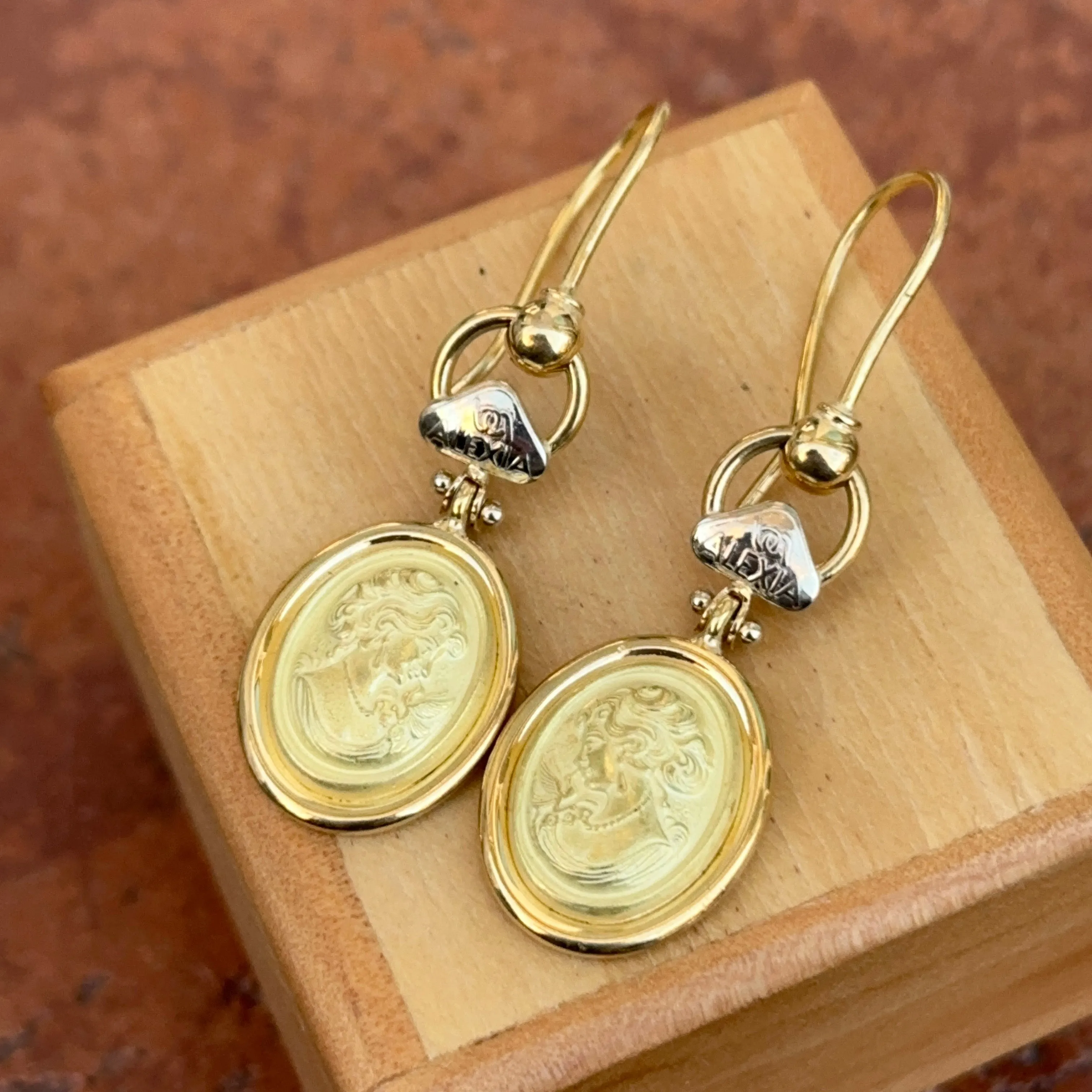 Estate 18KT Yellow Gold Etruscan Cameo Dangle Earrings