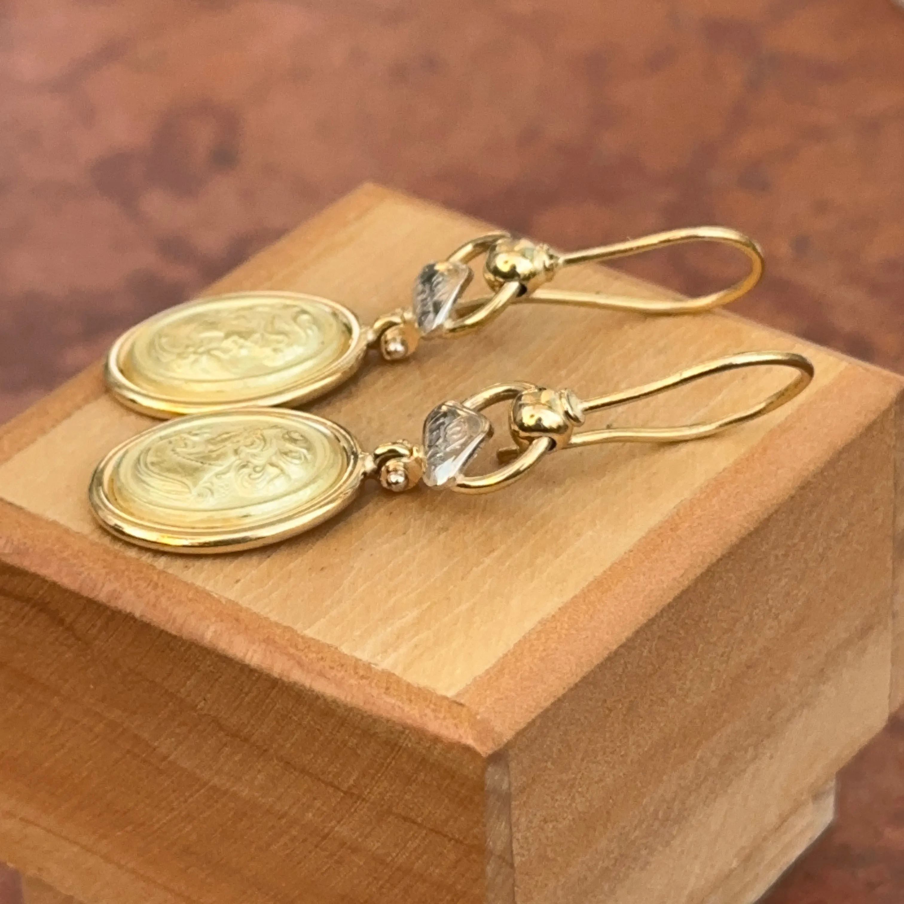 Estate 18KT Yellow Gold Etruscan Cameo Dangle Earrings