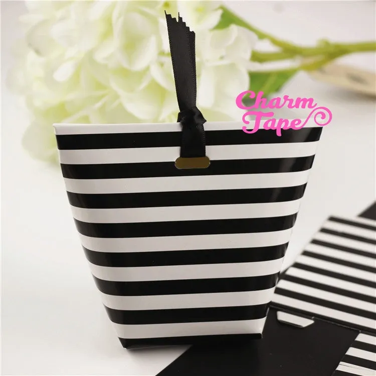 Festive Black & White Stripes Simple Gift Box with Black Ribbon Packaging Party Favors 5/20 counts PB016