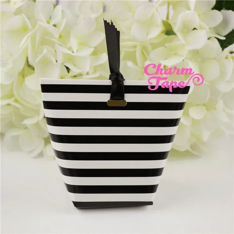 Festive Black & White Stripes Simple Gift Box with Black Ribbon Packaging Party Favors 5/20 counts PB016