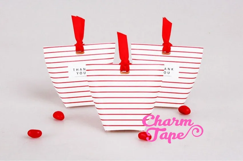 Festive Red Stripes Simple Gift Box with Red Ribbon Packaging Party Favors 5/20 counts PB015