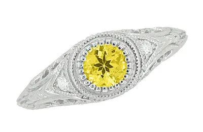 Filigree Art Deco Low Dome Yellow Sapphire Engagement Ring with Side Diamonds in White Gold